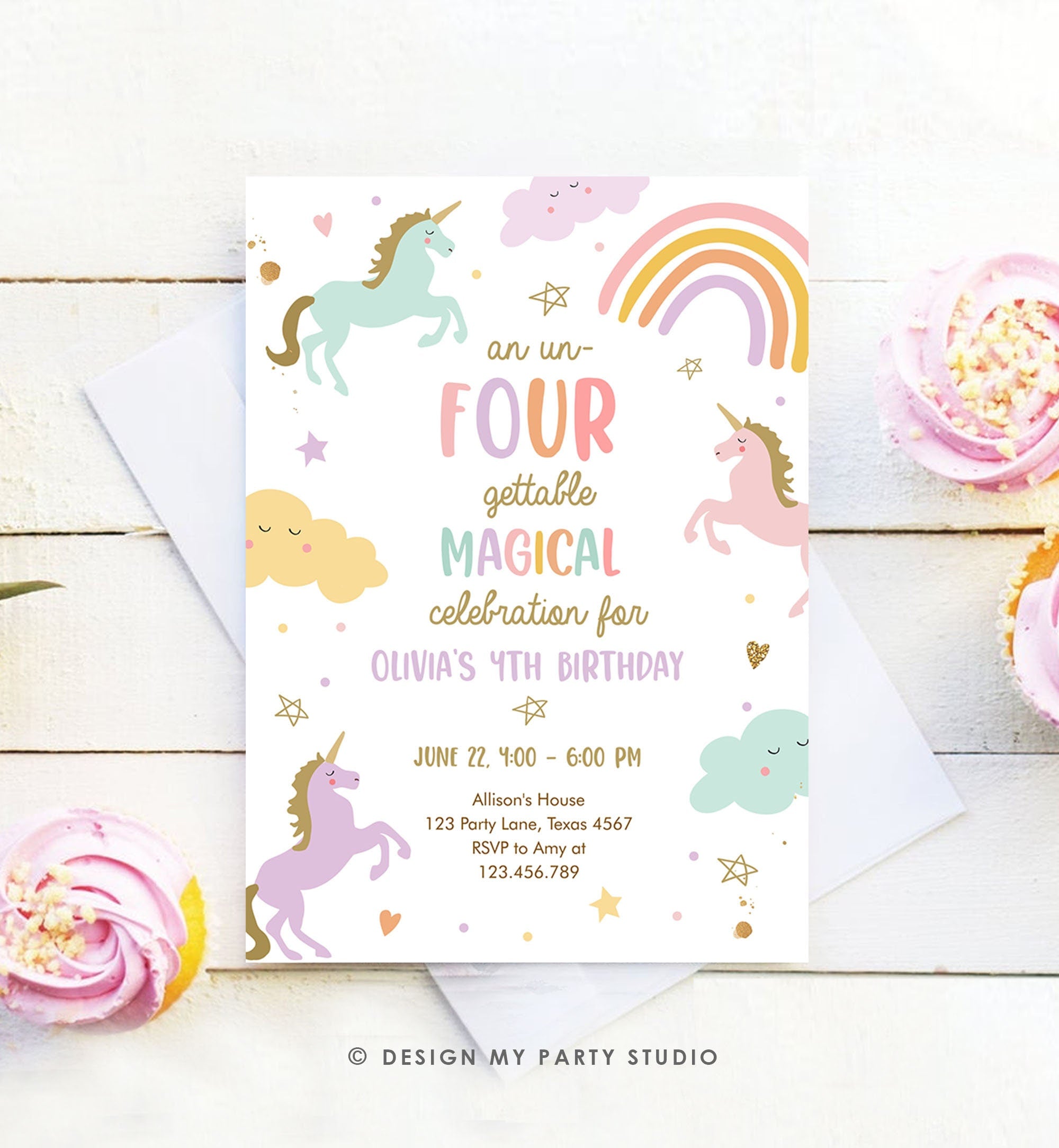 Editable Unicorn 4th Birthday Invitation Un Four Gettable Party Girl Pastel Fourth Rainbow Digital Download Evite Template Printable 0426