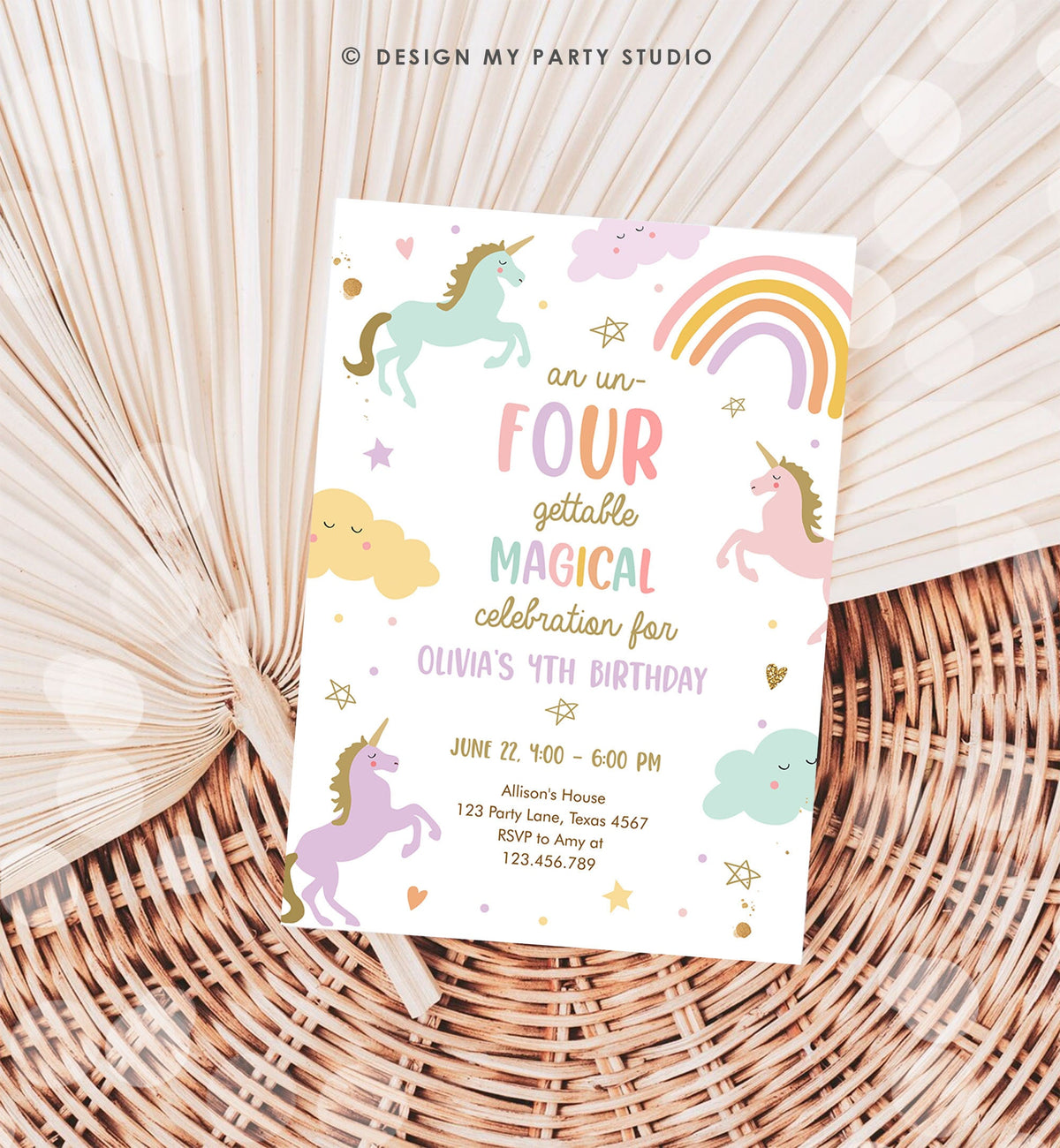 Editable Unicorn 4th Birthday Invitation Un Four Gettable Party Girl Pastel Fourth Rainbow Digital Download Evite Template Printable 0426
