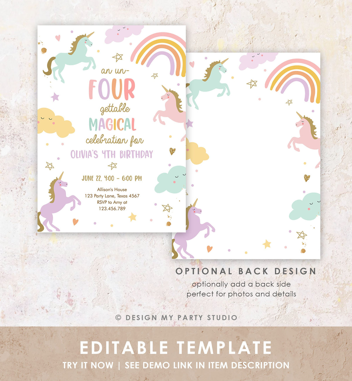 Editable Unicorn 4th Birthday Invitation Un Four Gettable Party Girl Pastel Fourth Rainbow Digital Download Evite Template Printable 0426