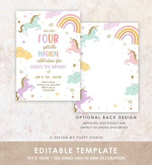 Editable Unicorn 4th Birthday Invitation Un Four Gettable Party Invite Girl Pastel Fourth Birthday Template Rainbow Download Corjl 0426