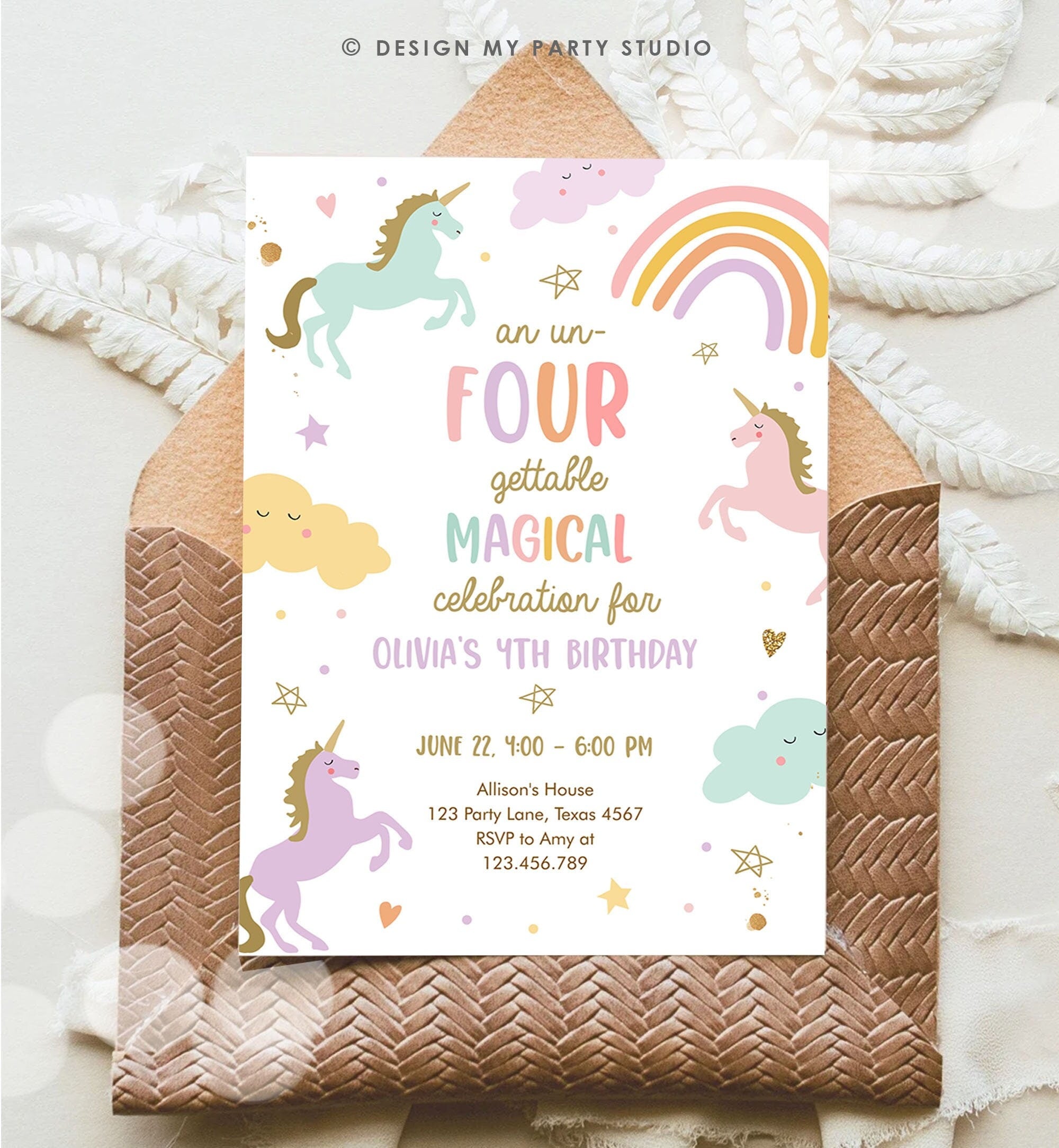 Editable Unicorn 4th Birthday Invitation Un Four Gettable Party Girl Pastel Fourth Rainbow Digital Download Evite Template Printable 0426