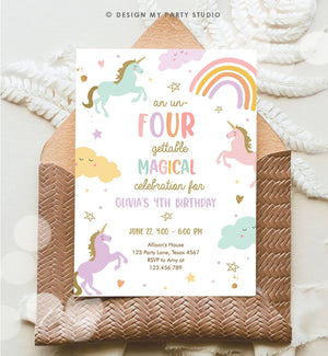Editable Unicorn 4th Birthday Invitation Un Four Gettable Party Invite Girl Pastel Fourth Birthday Template Rainbow Download Corjl 0426