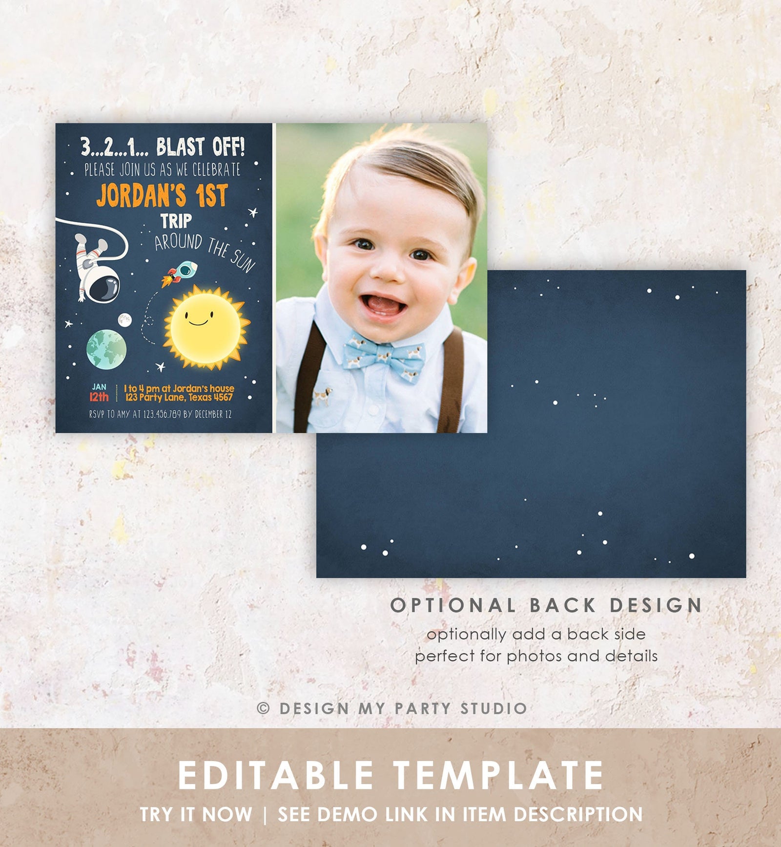 Editable Outer Space Birthday Invitation Rocket Astronaut Birthday First Trip Blast Off Digital Download Evite Template Printable 0046