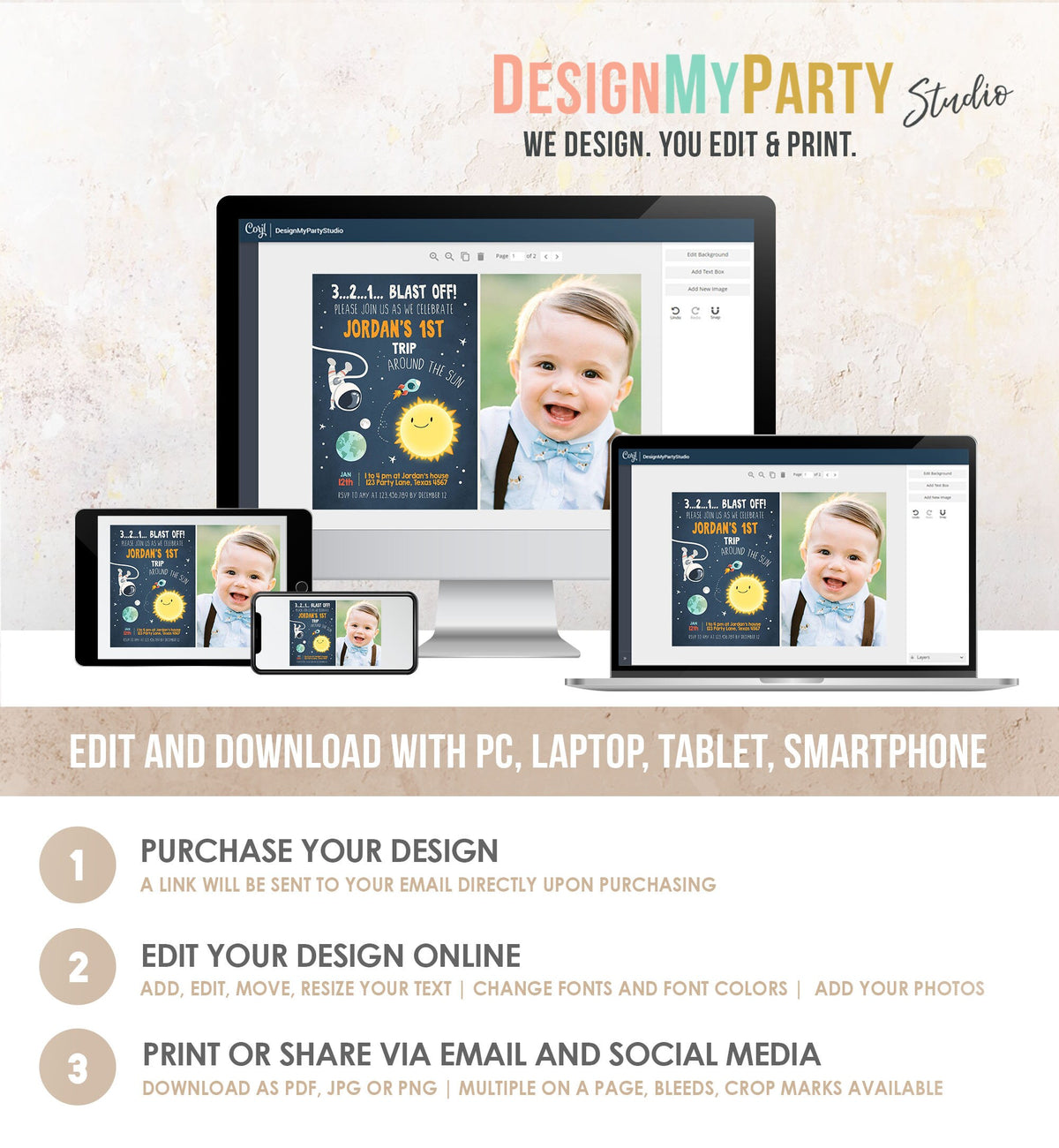 Editable Outer Space Birthday Invitation Rocket Astronaut Birthday First Trip Blast Off Digital Download Evite Template Printable 0046