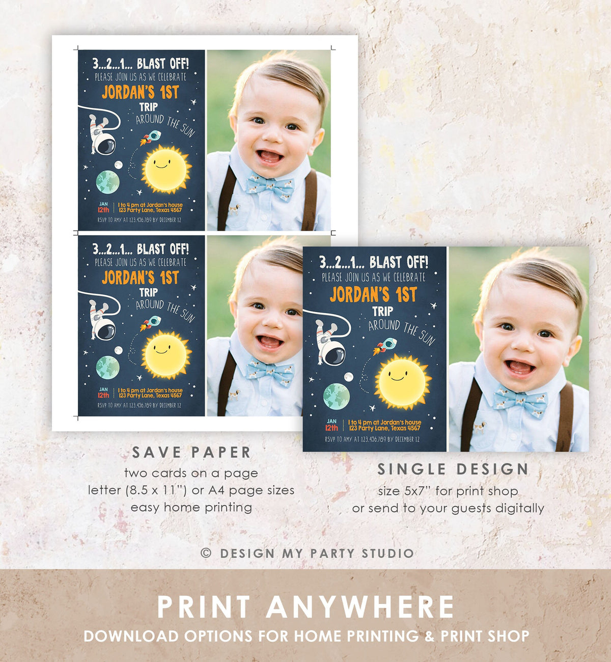 Editable Outer Space Birthday Invitation Rocket Astronaut Birthday First Trip Blast Off Digital Download Evite Template Printable 0046