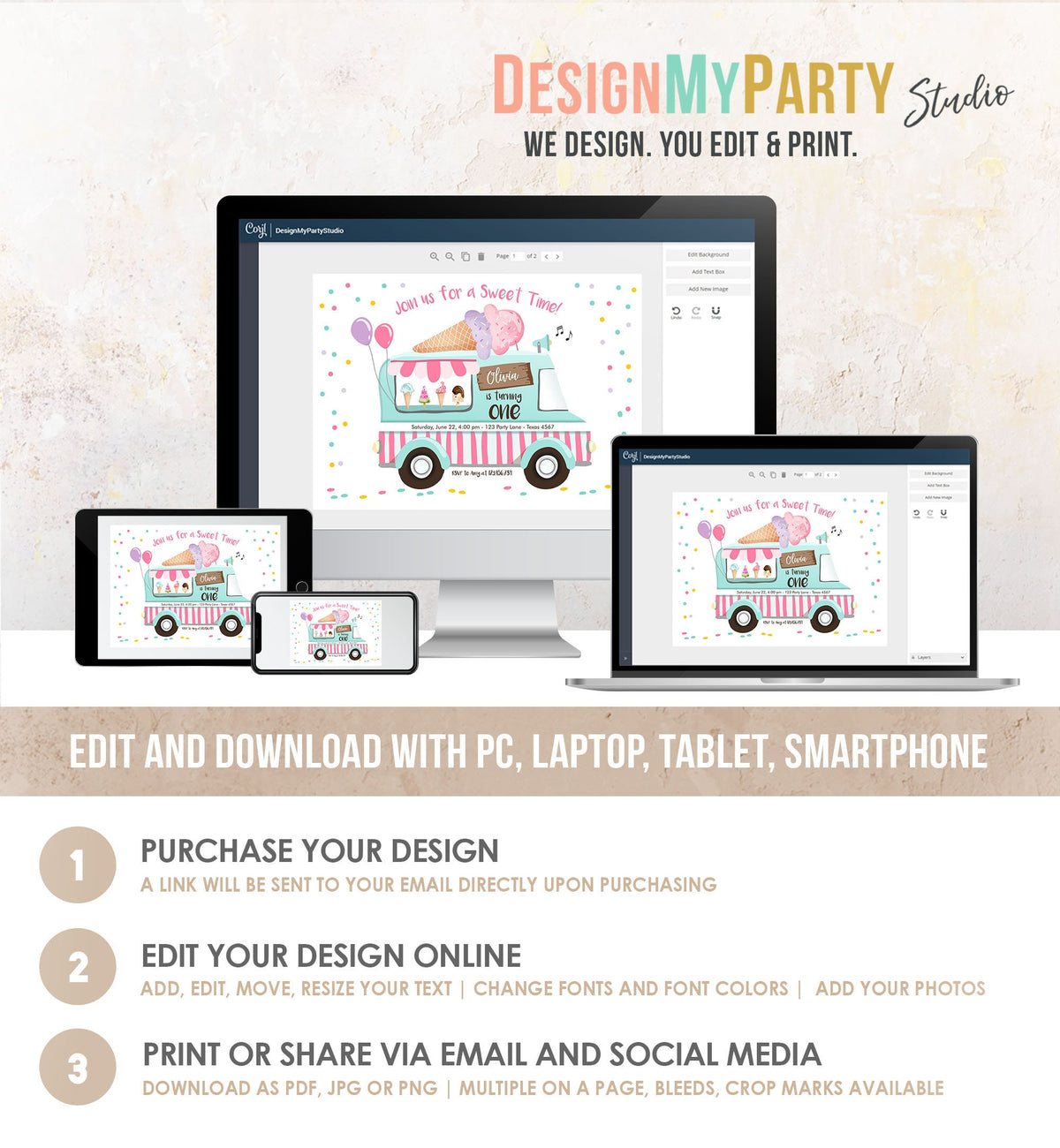 Editable Ice Cream Truck Birthday Invitation Ice Cream Birthday Party Cone Pink Mint Purple Any Age Scoop Printable Template Corjl 0243