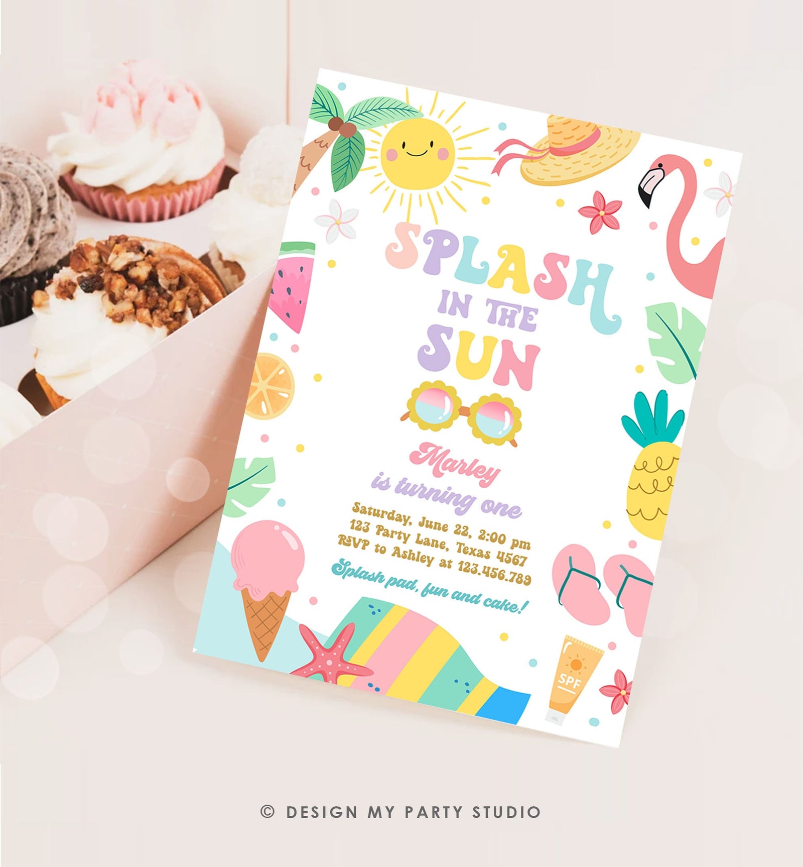 Editable Splash in the Sun 1st Birthday Invitation Pool Party Girl Summer Waterslide Splish Splash Tropical Digital Template Printable 0465