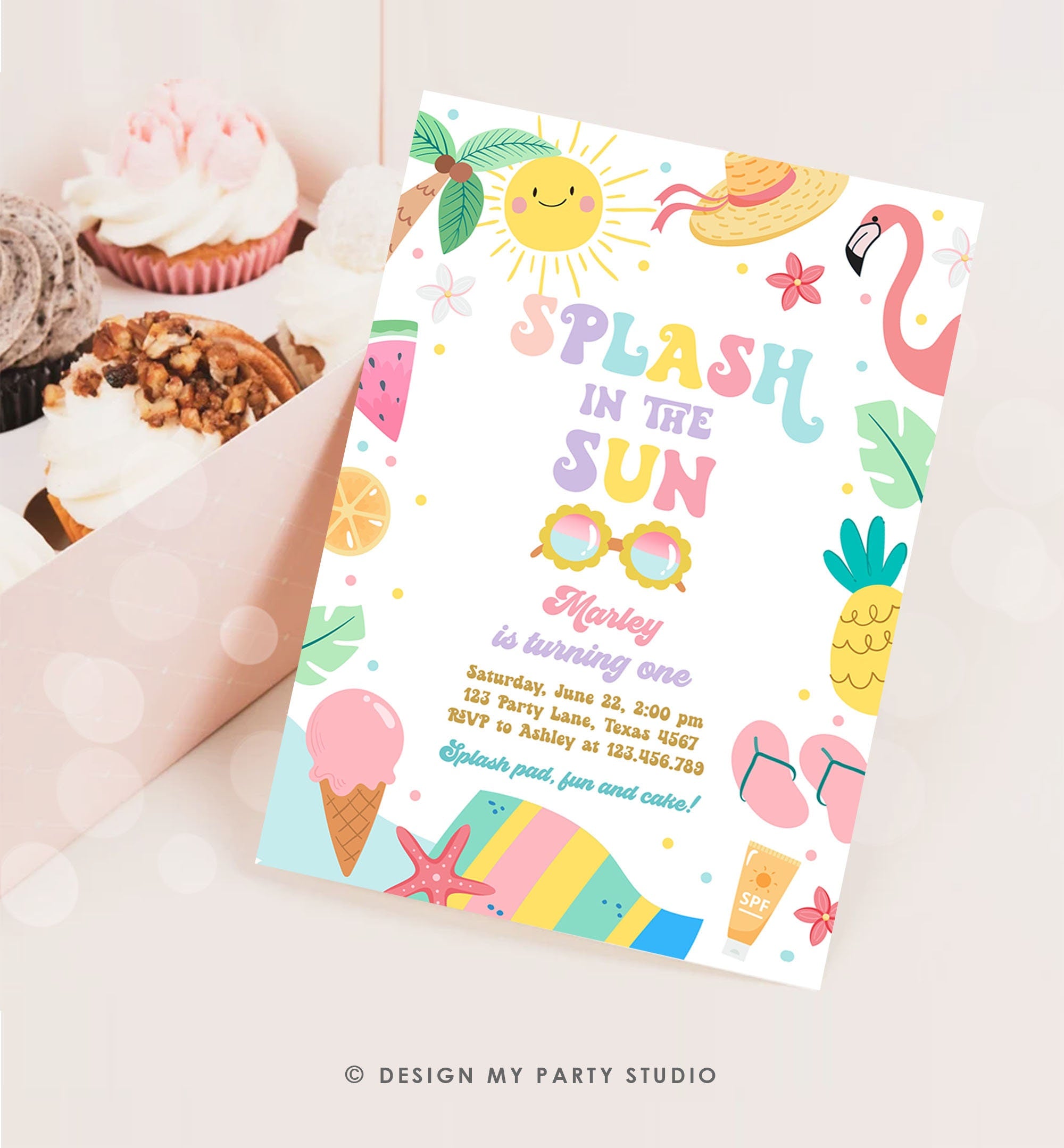Editable Splash in the Sun 1st Birthday Invitation Pool Party Girl Summer Waterslide Splish Splash Tropical Digital Template Printable 0465