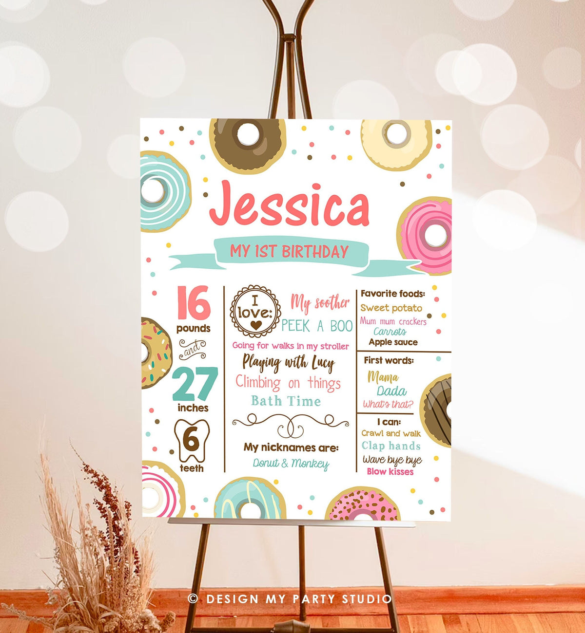 Editable Donut Birthday Milestones Sign Donut Birthday First Birthday 1st Birthday Girl Pink Digital Download Template Printable 0050
