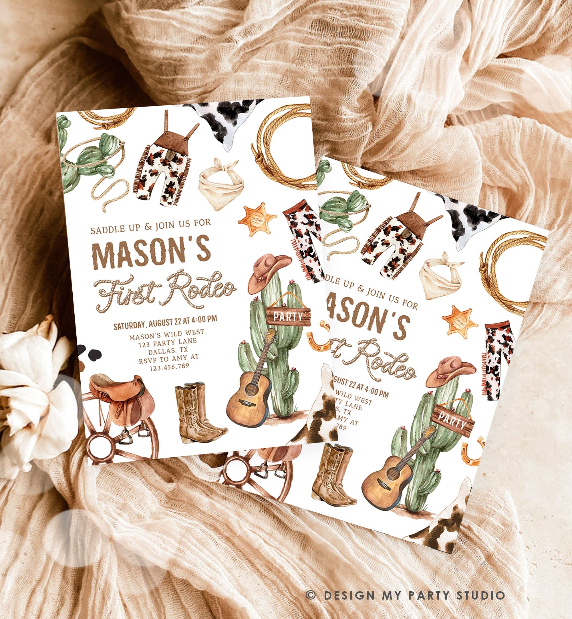 Editable First Rodeo Birthday Party Invitation Cowboy 1st Birthday Boy Wild West Birthday Western Download Printable Template Corjl 0509