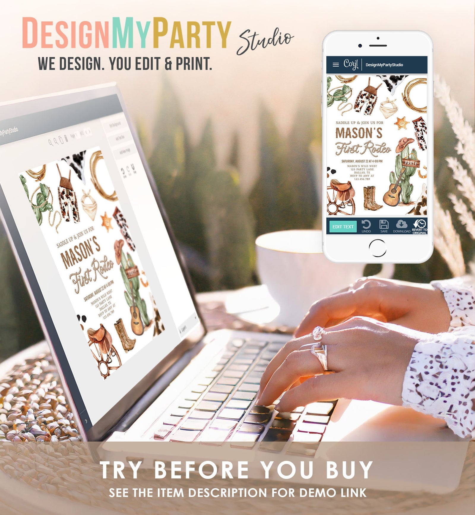 Editable First Rodeo Birthday Party Invitation Cowboy 1st Birthday Boy Wild West Birthday Western Download Printable Template Corjl 0509