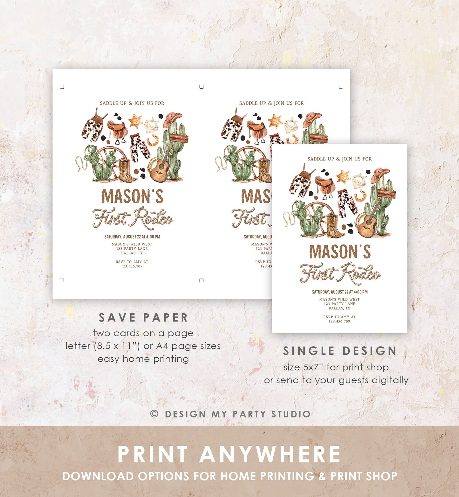Editable First Rodeo Birthday Party Invitation Cowboy 1st Birthday Boy Wild West Birthday Western Download Evite Template Printable 0509