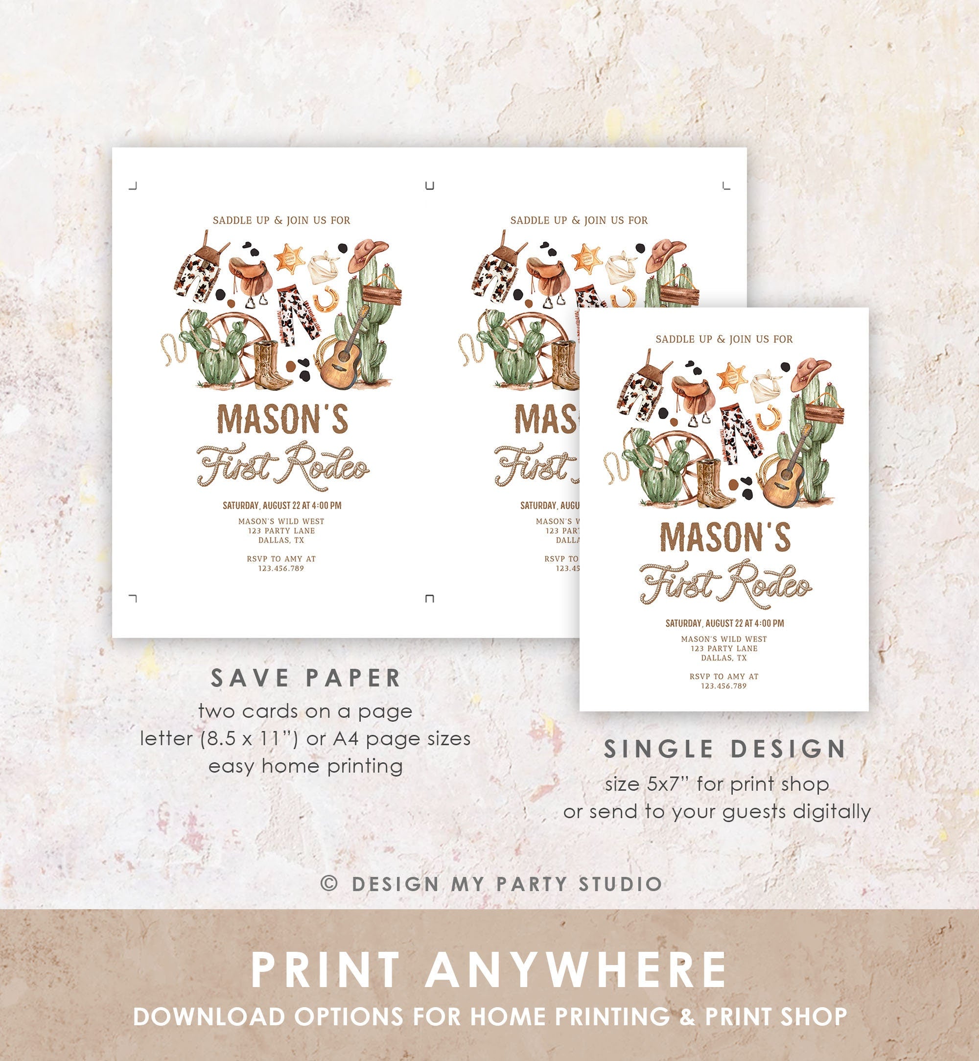 Editable First Rodeo Birthday Party Invitation Cowboy 1st Birthday Boy Wild West Birthday Western Download Evite Template Printable 0509