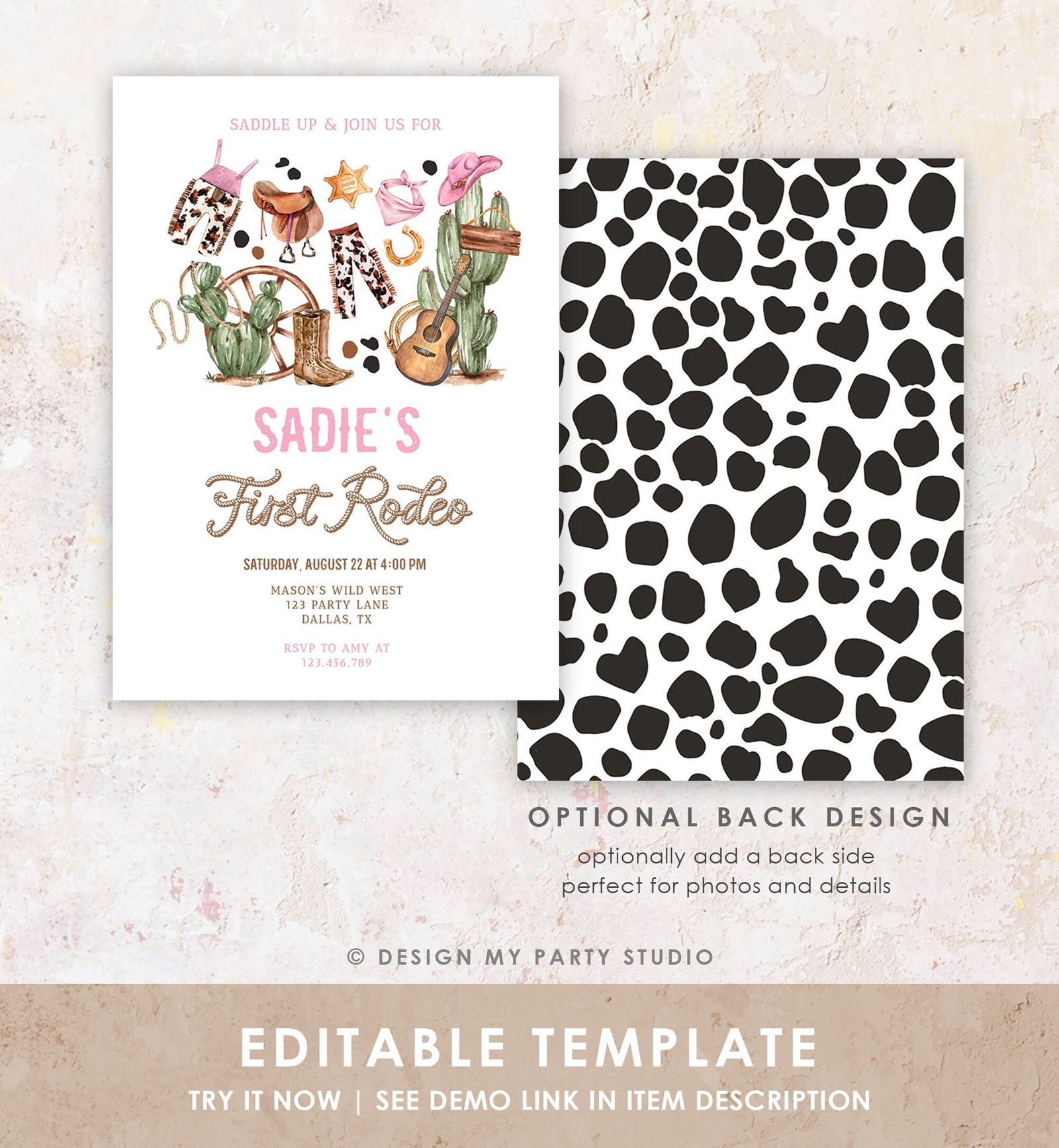 Editable Cowgirl Birthday Party Invitation First Rodeo 1st Birthday Girl Wild West Birthday Western Download Evite Template Printable 0509