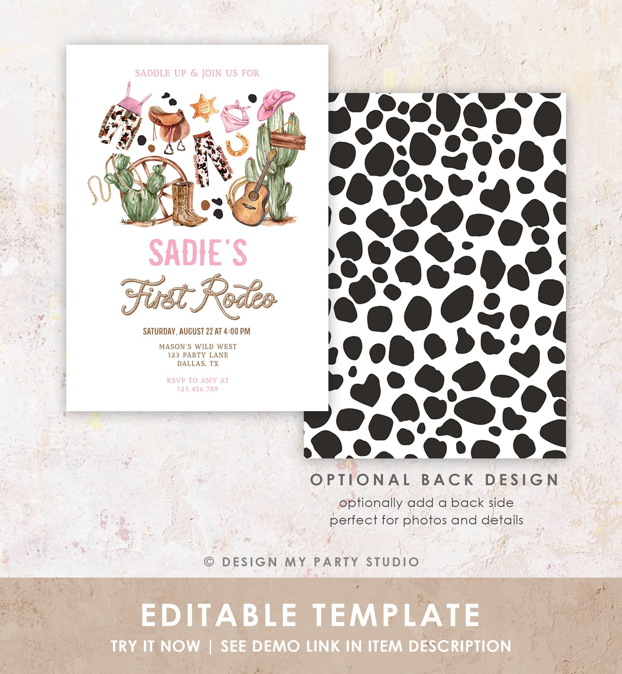 Editable Cowgirl Birthday Party Invitation First Rodeo 1st Birthday Girl Wild West Birthday Western Download Evite Template Printable 0509