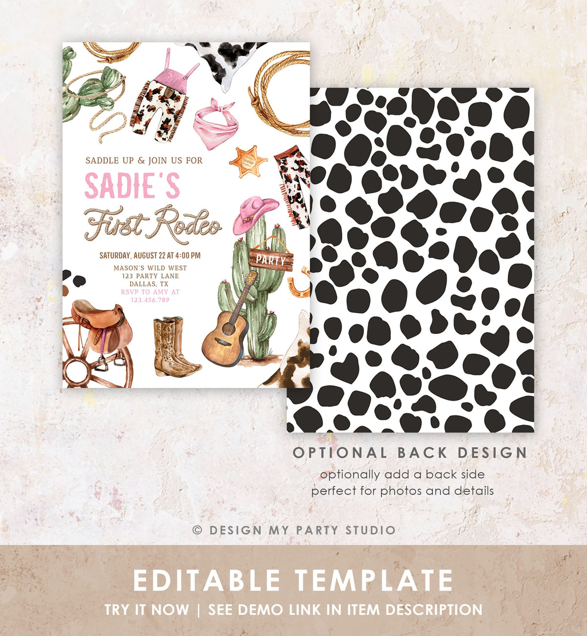 Editable Cowgirl Birthday Party Invitation First Rodeo 1st Birthday Girl Wild West Birthday Western Download Printable Template Evite 0509