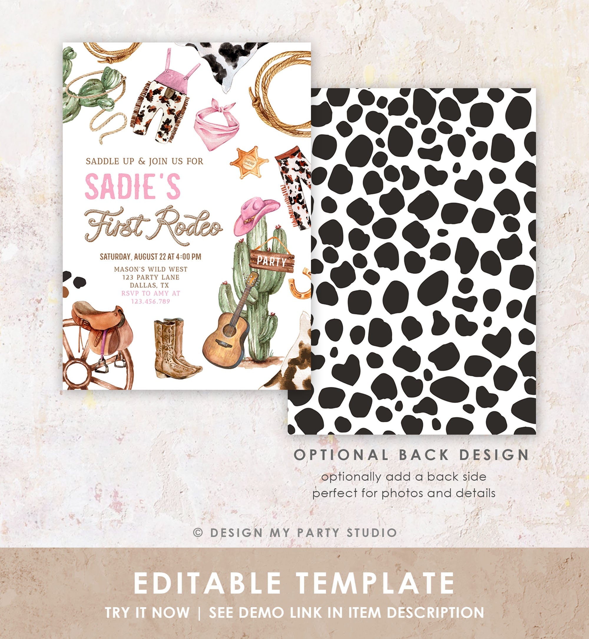 Editable Cowgirl Birthday Party Invitation First Rodeo 1st Birthday Girl Wild West Birthday Western Download Printable Template Evite 0509