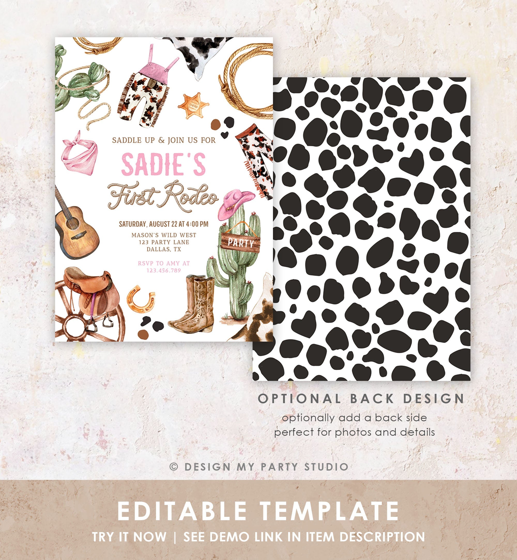 Editable Cowgirl Birthday Party Invitation First Rodeo 1st Birthday Girl Wild West Birthday Western Download Printable Template Corjl 0509