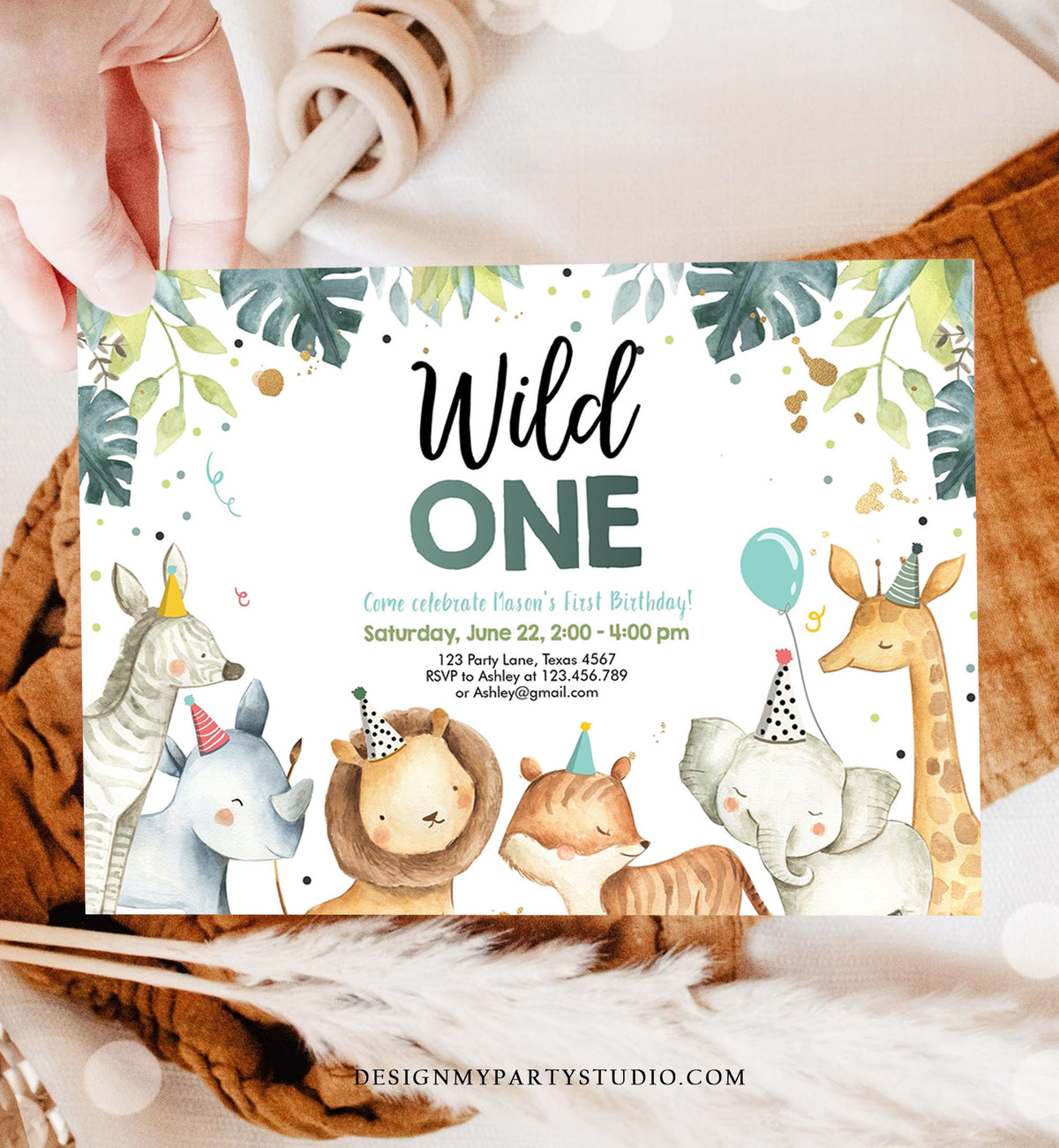 Editable Wild One Birthday Invitation First Birthday Safari Animals Party Animals Watercolor Download Digital Evite Template Printable 0163