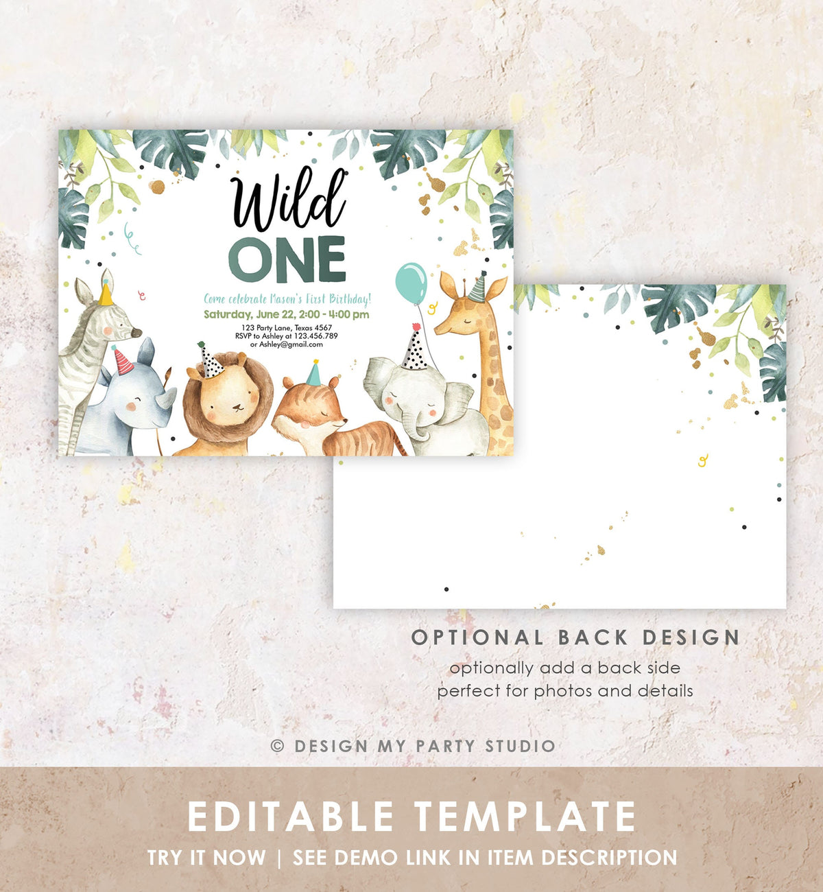 Editable Wild One Birthday Invitation First Birthday Safari Animals Party Animals Watercolor Download Digital Evite Template Printable 0163