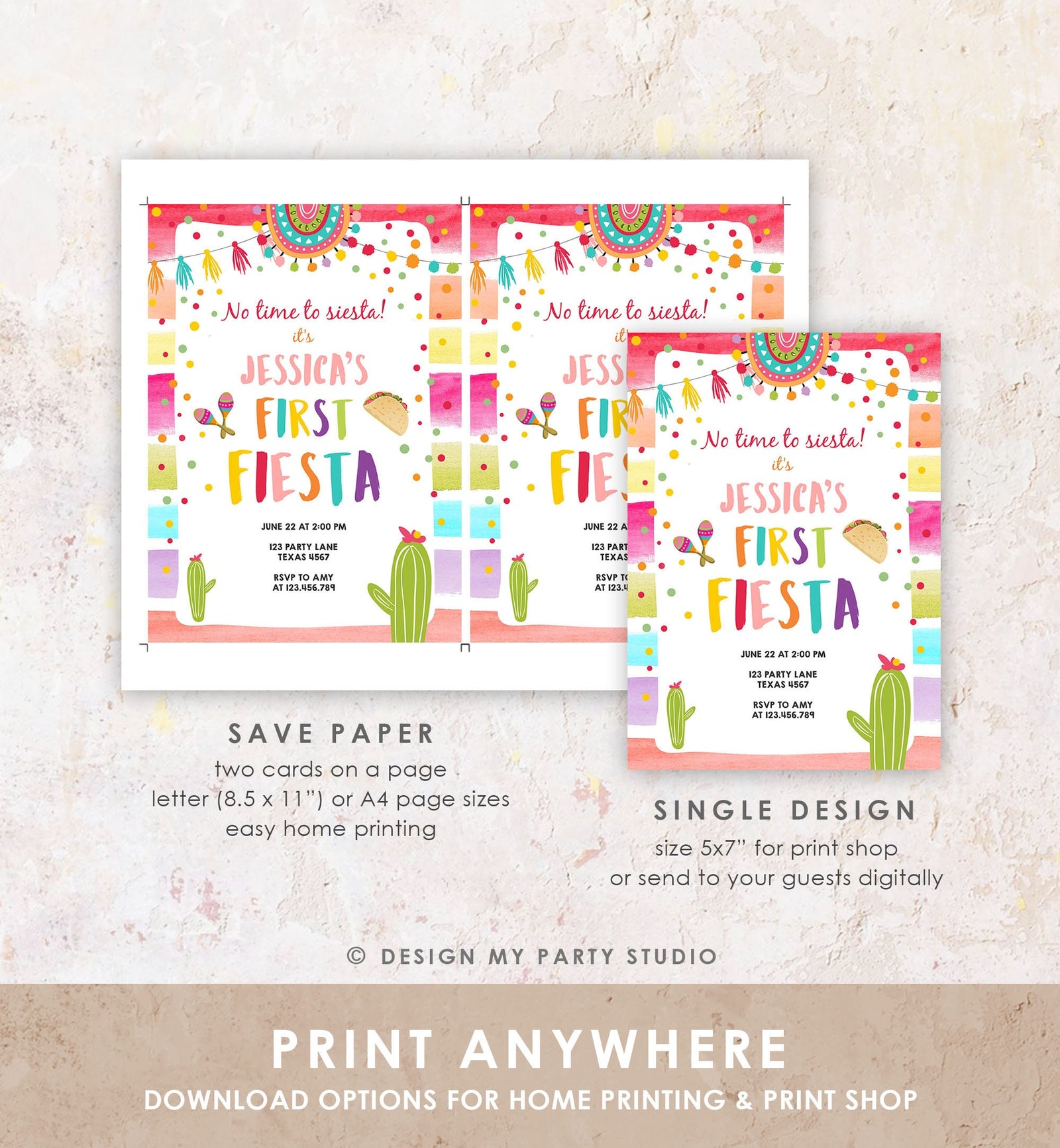 Editable First Fiesta Invitation 1st Fiesta Birthday Boho Mexican Cactus Succulent Desert Floral Girl Digital Evite Template Printable 0134