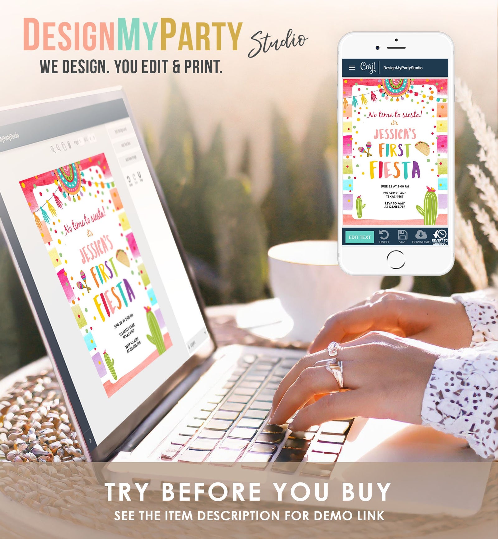 Editable First Fiesta Invitation 1st Fiesta Birthday Boho Mexican Cactus Succulent Desert Floral Girl Digital Evite Template Printable 0134