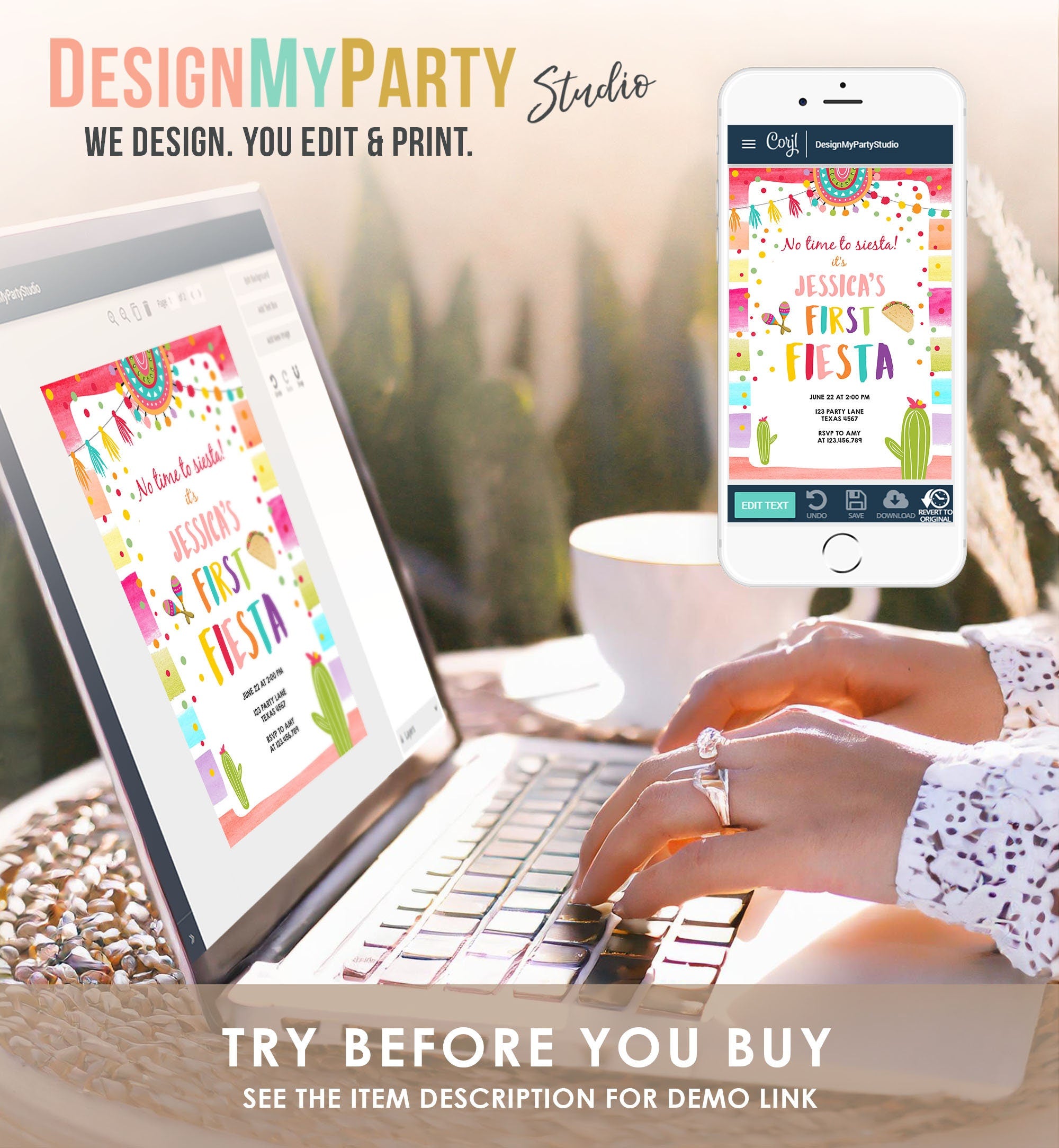 Editable First Fiesta Invitation 1st Fiesta Birthday Boho Mexican Cactus Succulent Desert Floral Girl Digital Evite Template Printable 0134