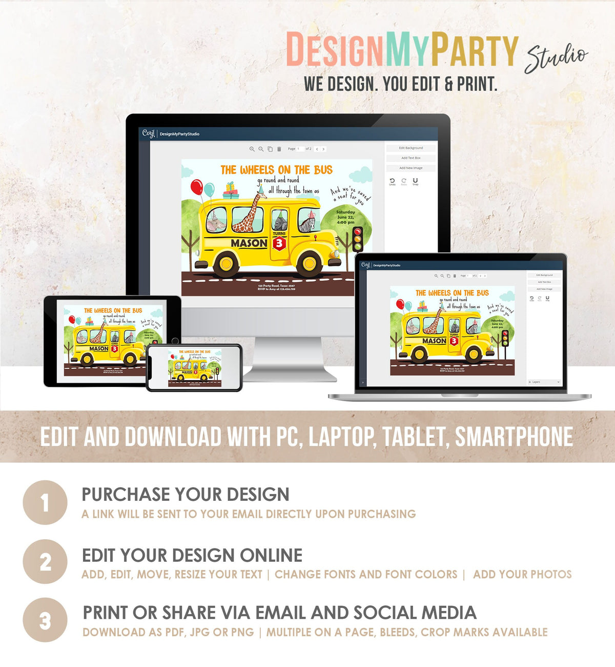 Editable Wheels on the Bus Birthday Invitation Bus Party Invite School Bus Animals Boy Girl Download Printable Template Digital Corjl 0325