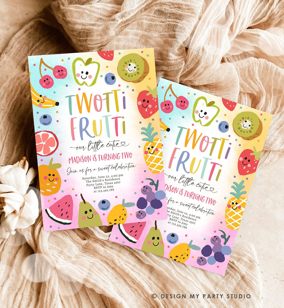 Editable Two-tti Frutti Birthday Invitation Twotti Frutti Party Fruit Tropical Summer Two Girl Download Printable Template Digital 0510