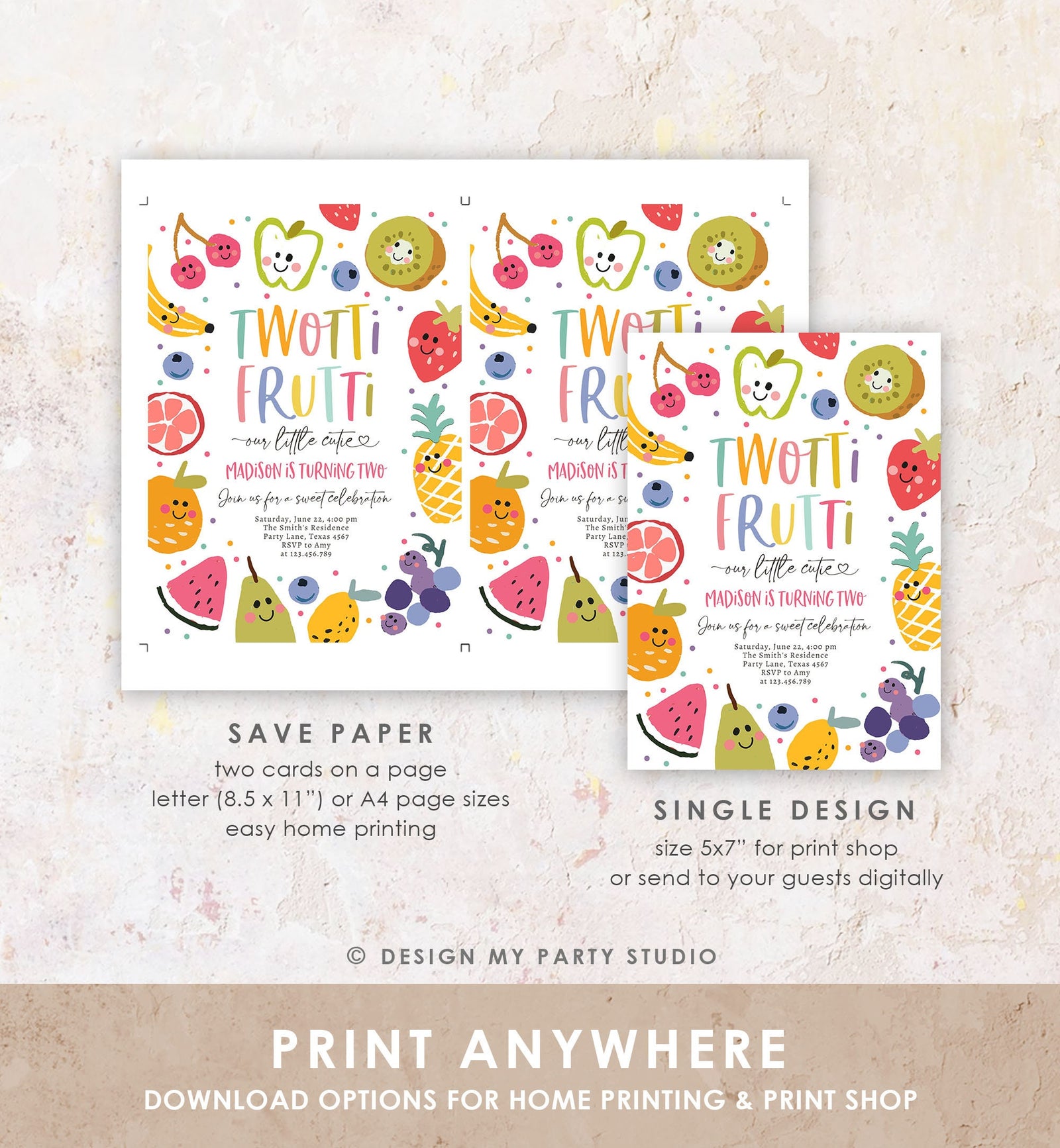 Editable Two-tti Frutti Birthday Invitation Twotti Frutti Party Fruit Tropical Summer Two Girl Download Printable Template Digital 0510