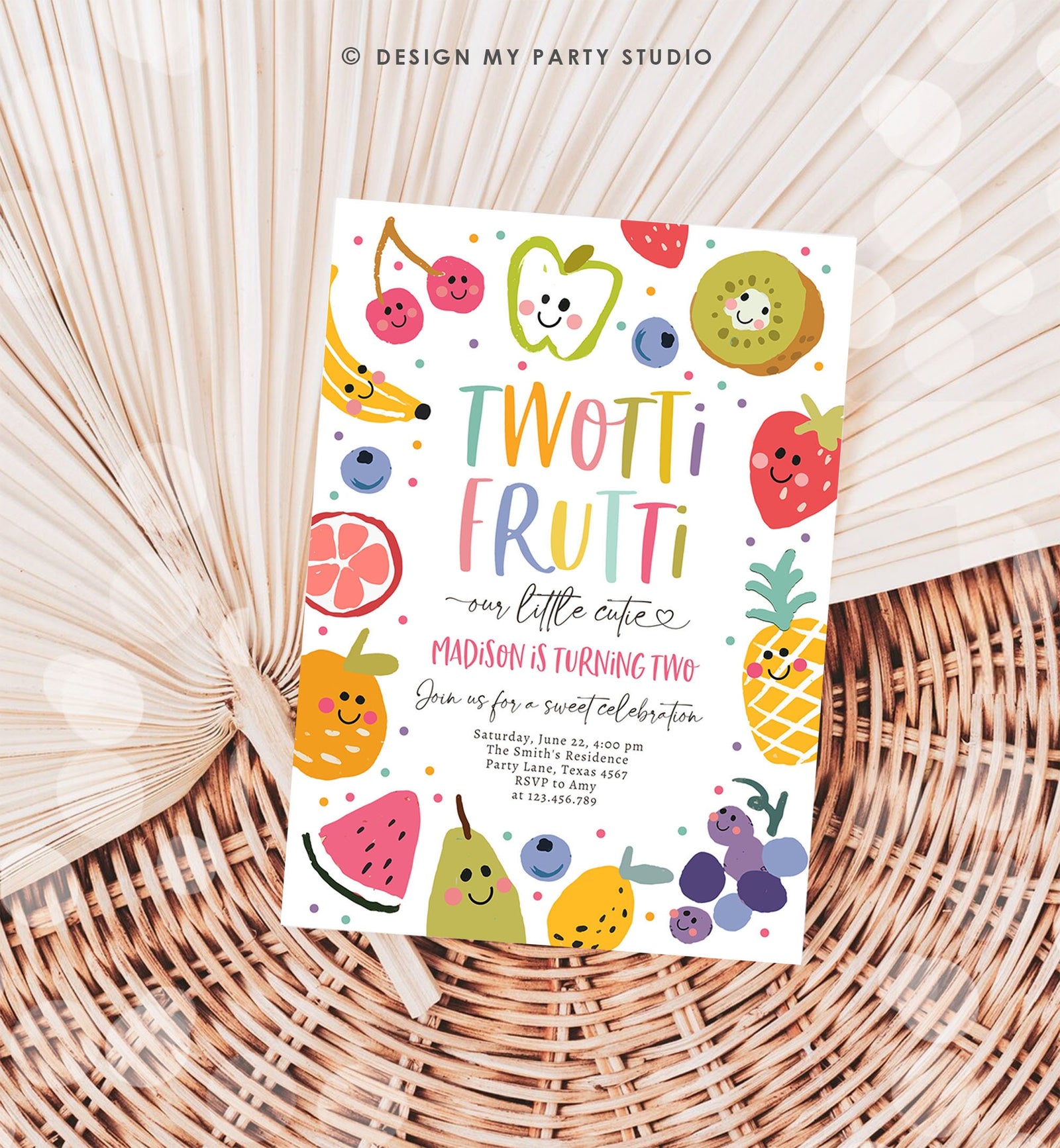 Editable Two-tti Frutti Birthday Invitation Twotti Frutti Party Fruit Tropical Summer Two Girl Download Printable Template Digital 0510