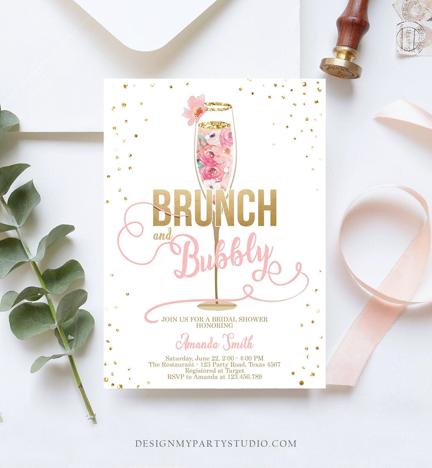 Editable Brunch and Bubbly Bridal Shower Invitation Floral Champagne Gold Pink Wedding Digital Download Corjl Template Printable 0150