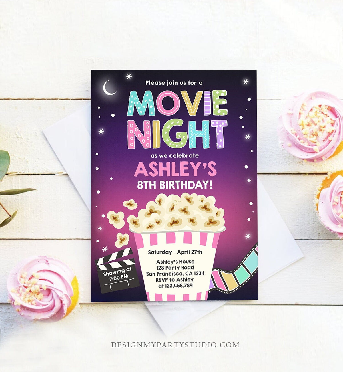 Editable Movie Night Birthday Invitation Girl Backyard Outdoor Movie Under The Stars Cinema Popcorn Sleepover Party Corjl Template 0367