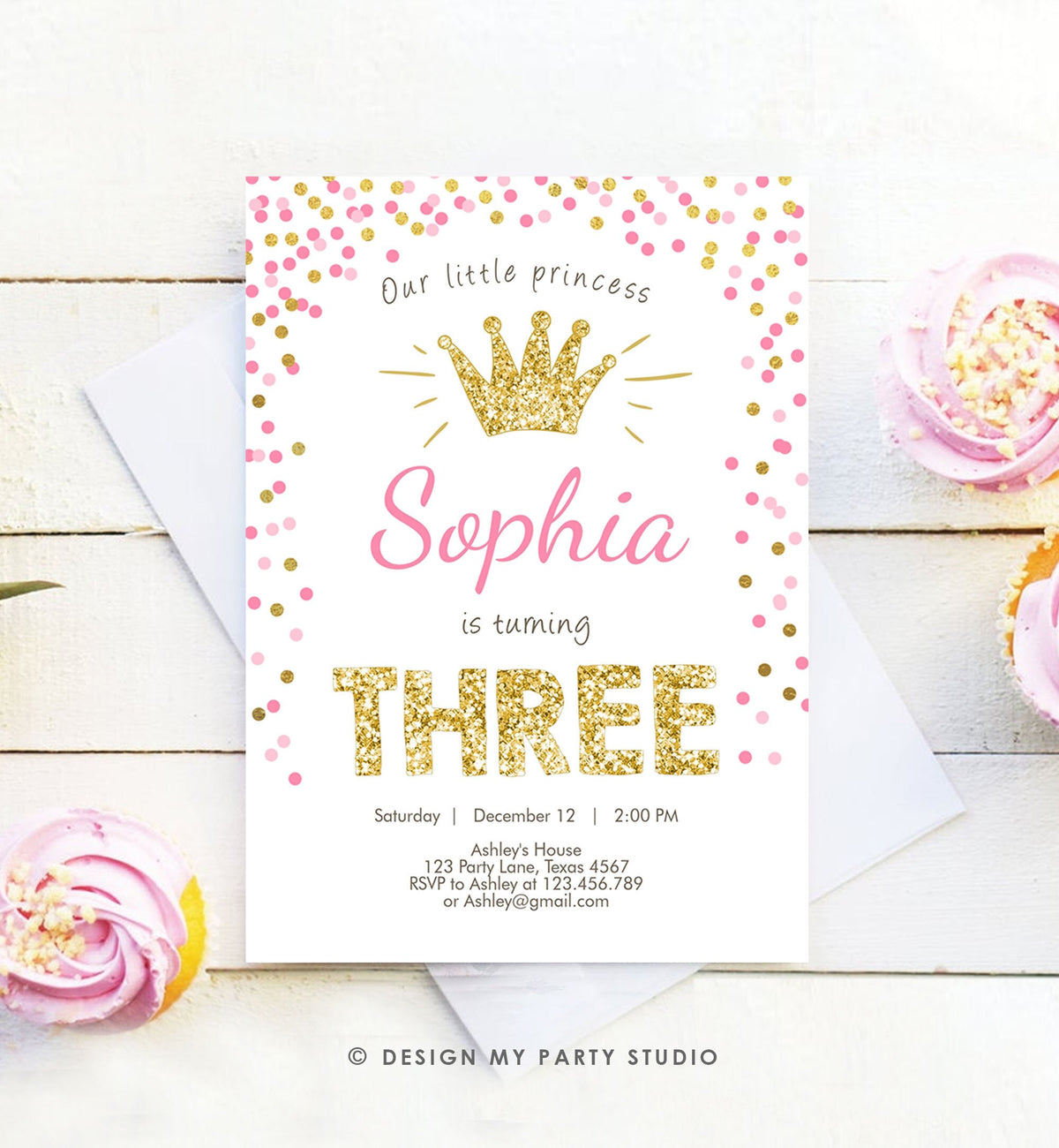 Editable Little Princess Birthday Invitation Girl Pink Gold Third Birthday 3rd ANY AGE Confetti Crown Download Corjl Template Printable 0047