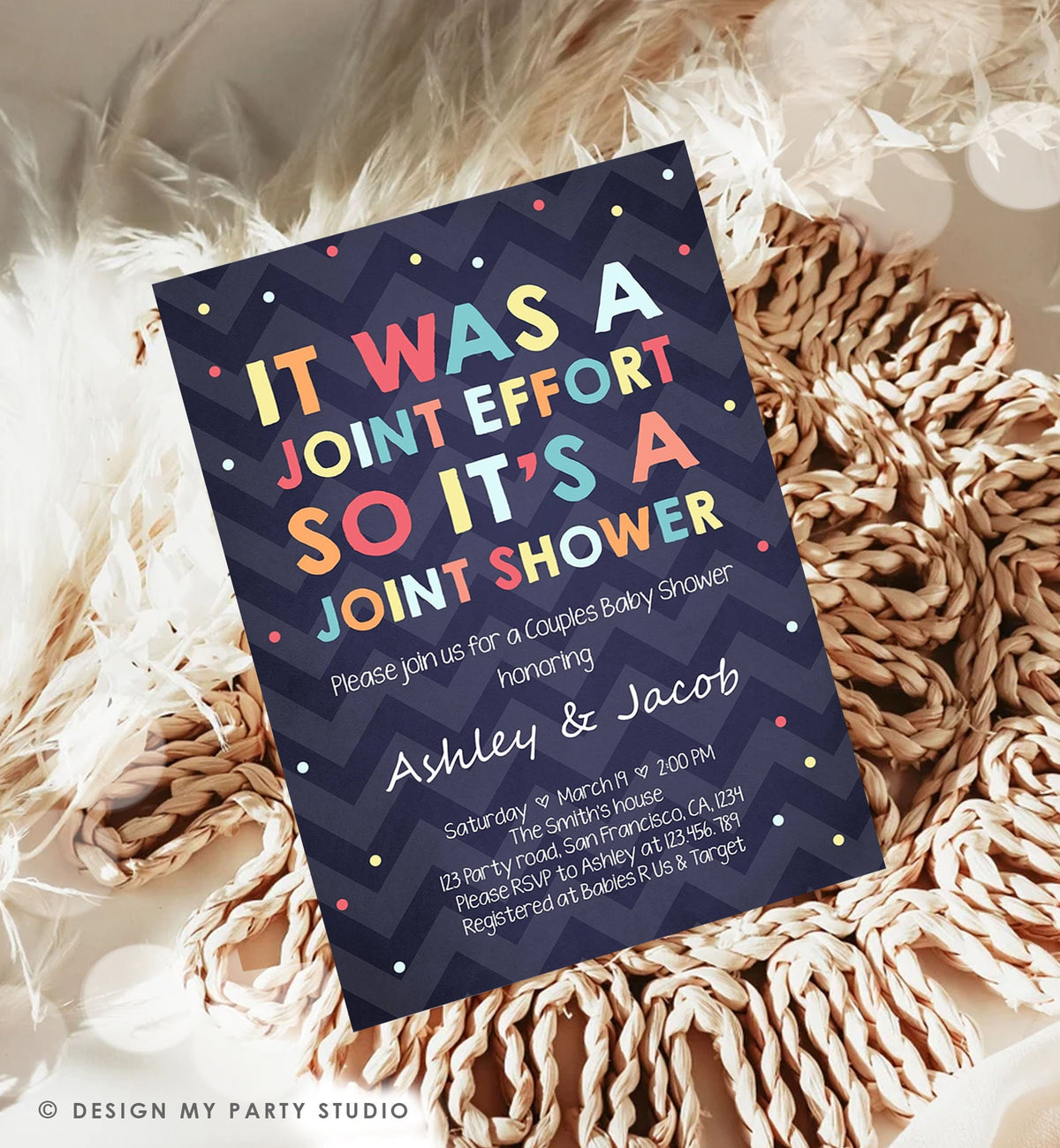 Editable Couples Baby Shower Invitation Coed Baby Shower Joint Funny Navy Confetti Neutral Digital Download Template Printable 0181