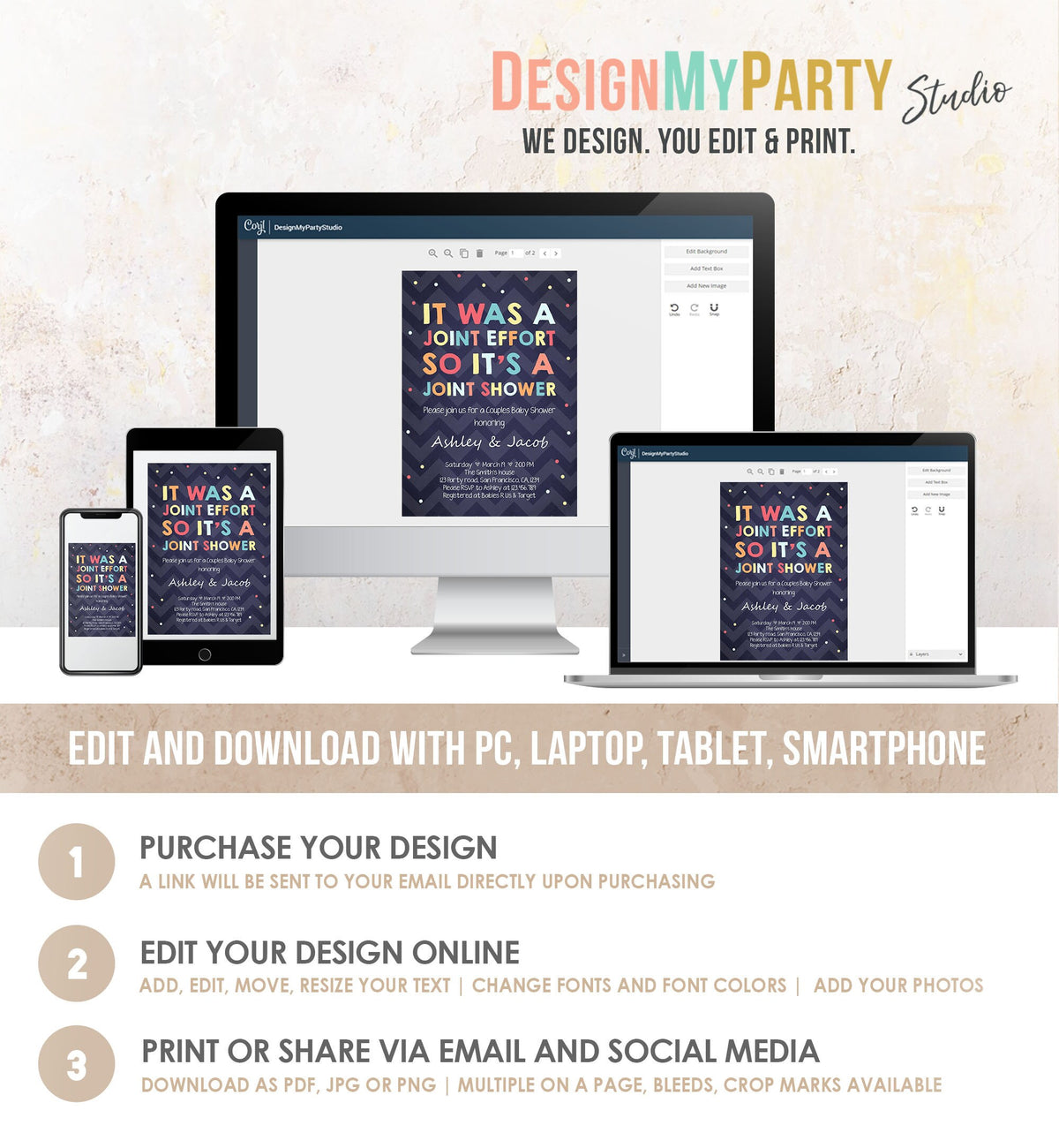 Editable Couples Baby Shower Invitation Coed Baby Shower Joint Funny Navy Confetti Neutral Digital Download Template Printable 0181