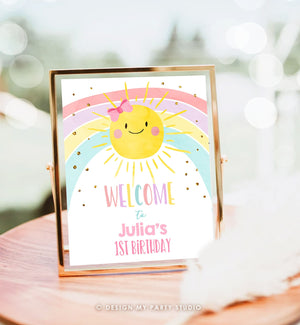 Editable Sunshine and Rainbow Welcome Sign Sunshine Birthday Party Pink Girl Pastel Rainbow Party Summer Gold Template PRINTABLE Corjl 0402
