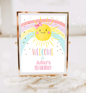 Editable Sunshine and Rainbow Welcome Sign Sunshine Birthday Party Pink Girl Pastel Rainbow Party Summer Gold Template PRINTABLE Corjl 0402