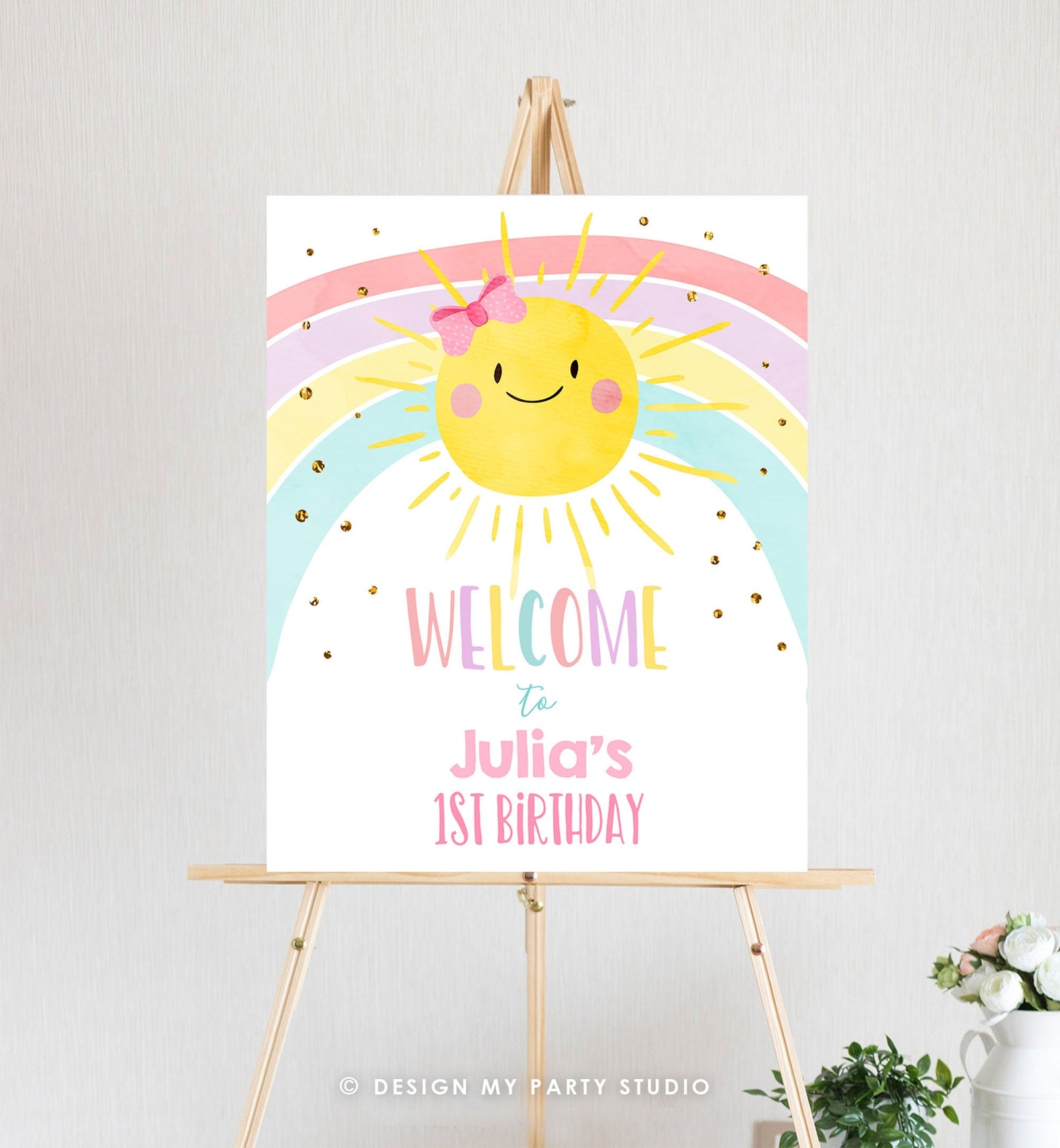 Editable Sunshine and Rainbow Welcome Sign Sunshine Birthday Party Pink Girl Pastel Rainbow Party Summer Gold Template PRINTABLE Corjl 0402