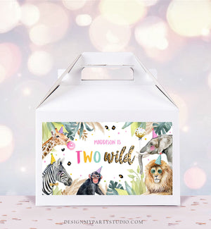 Editable Safari Animals Birthday Gable Gift Box Labels Party Animals Gold Pink Two Wild Birthday Zoo Jungle Girl Download Digital Corjl 0417