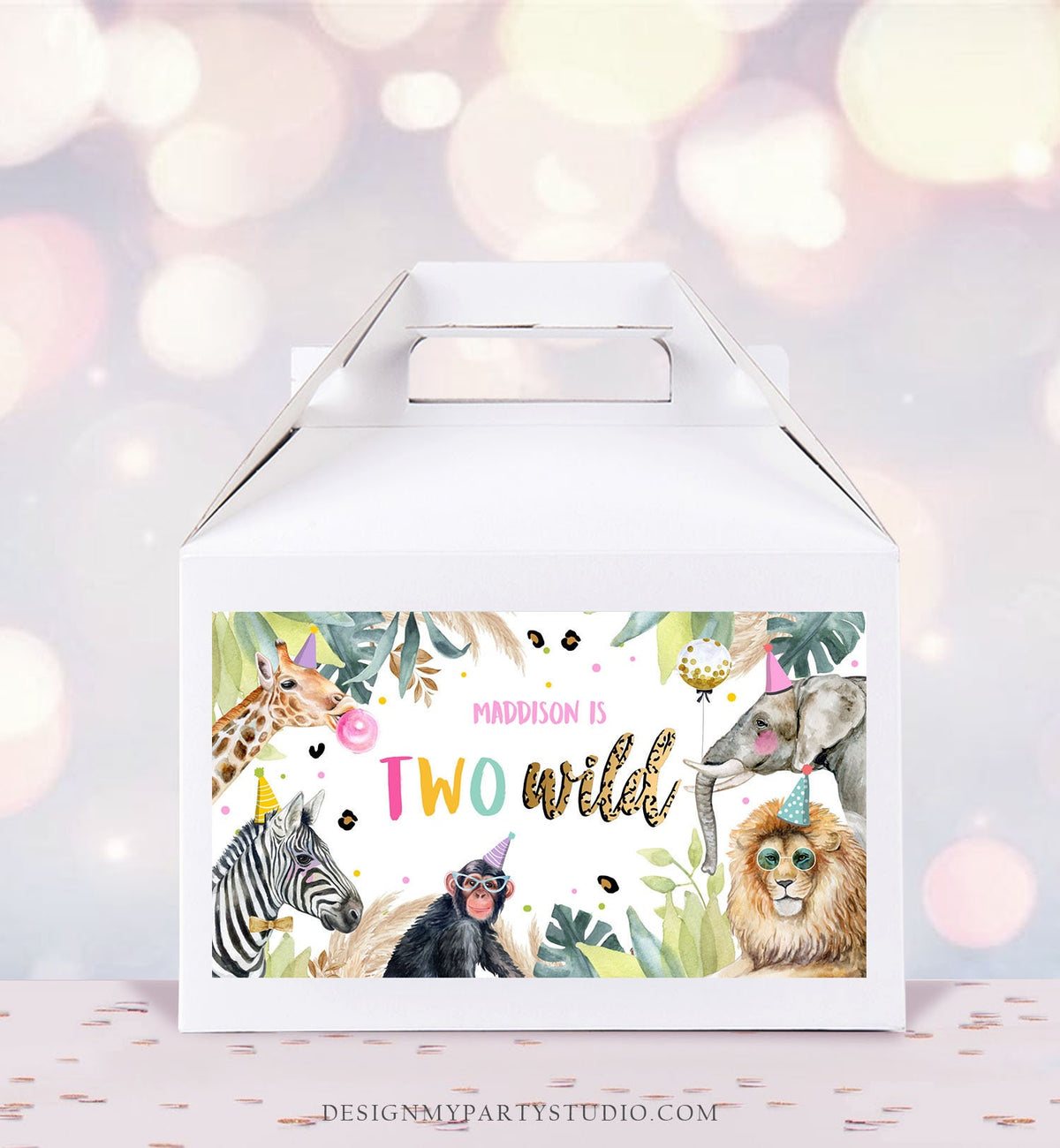 Editable Safari Animals Birthday Gable Gift Box Labels Party Animals Gold Pink Two Wild Birthday Zoo Jungle Girl Download Digital Corjl 0417