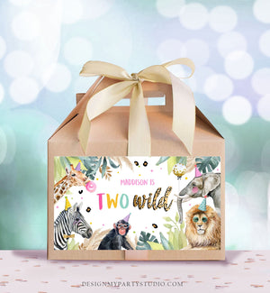 Editable Safari Animals Birthday Gable Gift Box Labels Party Animals Gold Pink Two Wild Birthday Zoo Jungle Girl Download Digital Corjl 0417