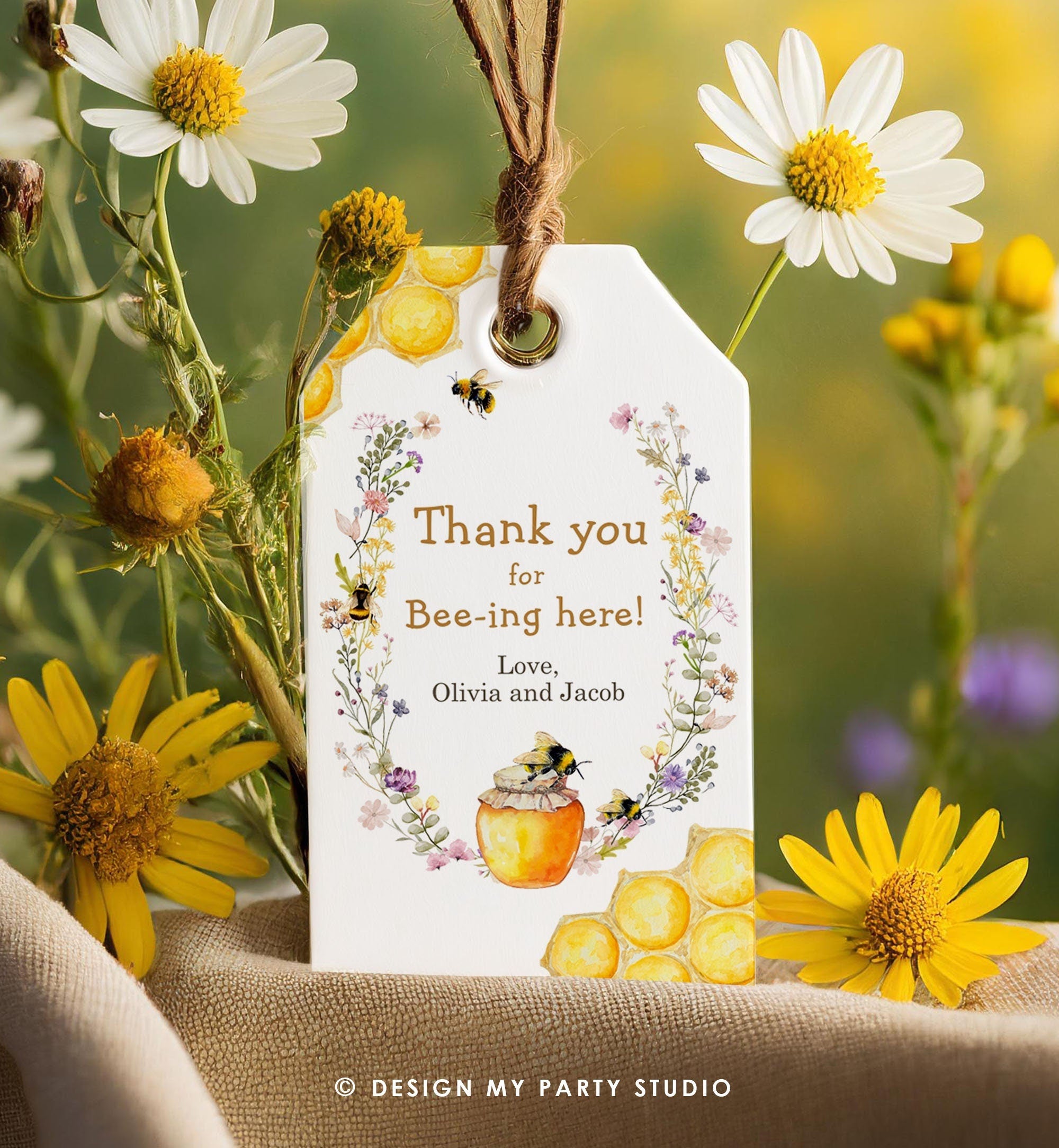 Editable Rustic Bee Favor Tags Bee Gender Reveal Baby Shower Honey Bee Birthday Thank You for Bee-ing Here Tag Template PRINTABLE Corjl 0502