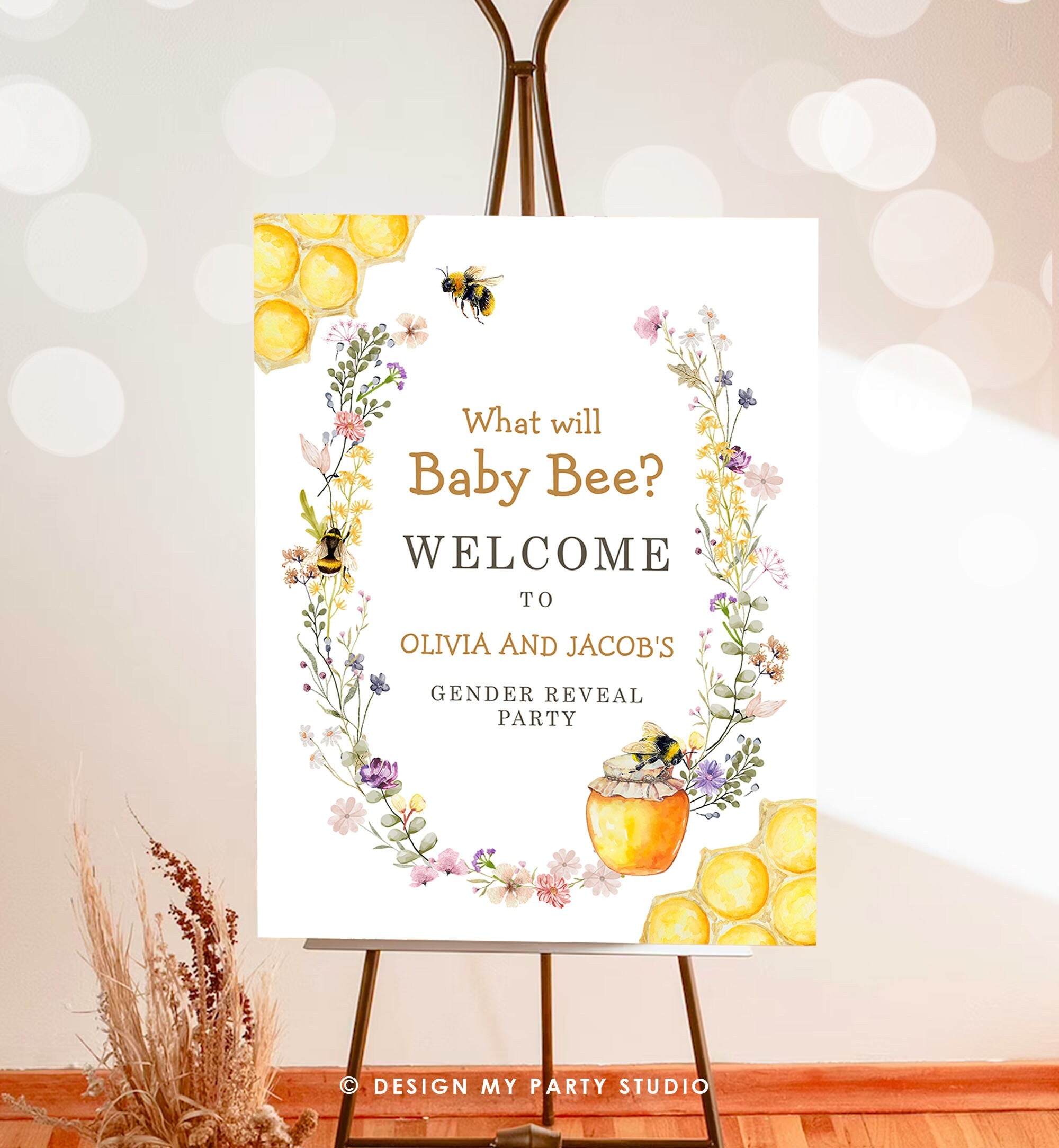 Editable Bee Welcome Sign What Will Baby Bee Gender Reveal Welcome Honey Baby Shower Mama to Bee Yard Sign Template PRINTABLE Corjl 0502