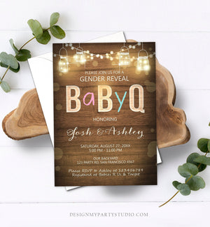 Editable Baby Q Gender Reveal Invitation Boy or Girl He or She Blue or Pink Rustic Wood Download Printable Template Digital Corjl 0015