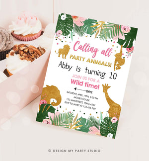 Editable Safari Animals Birthday Invitation Calling All Party Animals Girl Party Jungle Zoo Pink Gold Digital Printable Corjl Template 0016