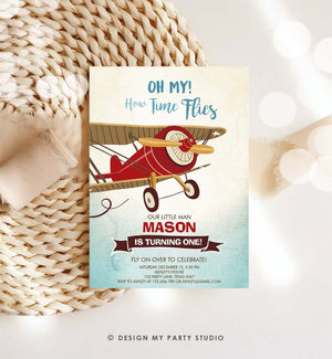 Editable Airplane Birthday Invitation Oh My How Time Flies Vintage Plane Sky 1st Red Biplane Aircraft Wing Download Corjl Template 0011