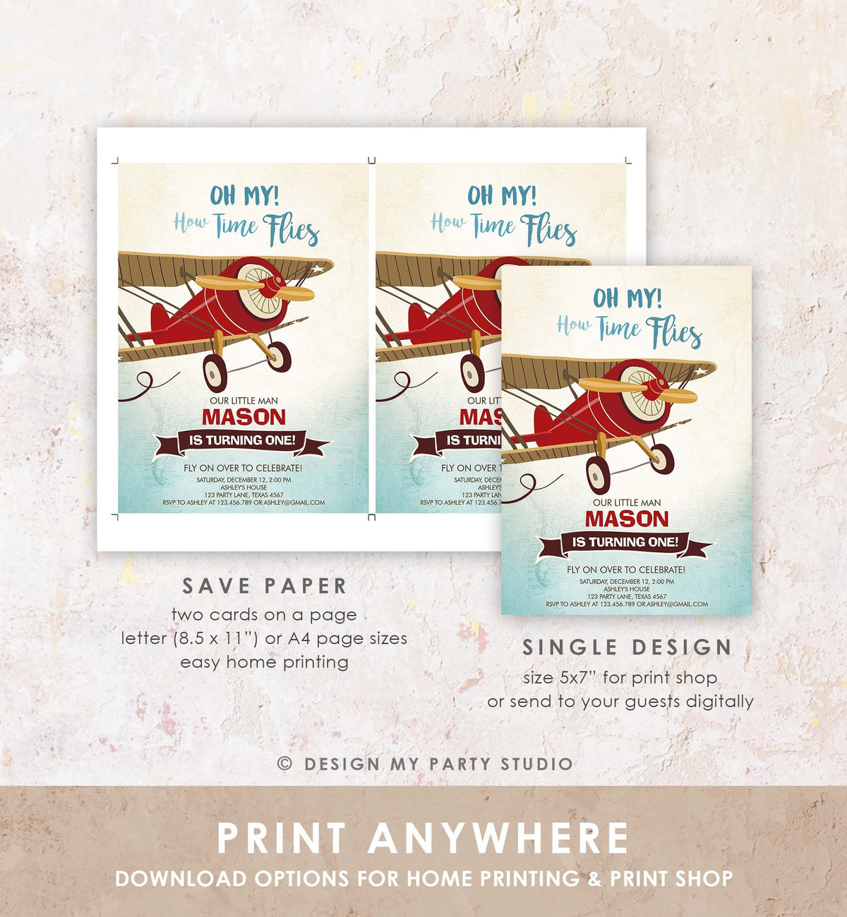 Editable Airplane Birthday Invitation Oh My How Time Flies Vintage Plane Sky 1st Red Biplane Aircraft Wing Download Corjl Template 0011