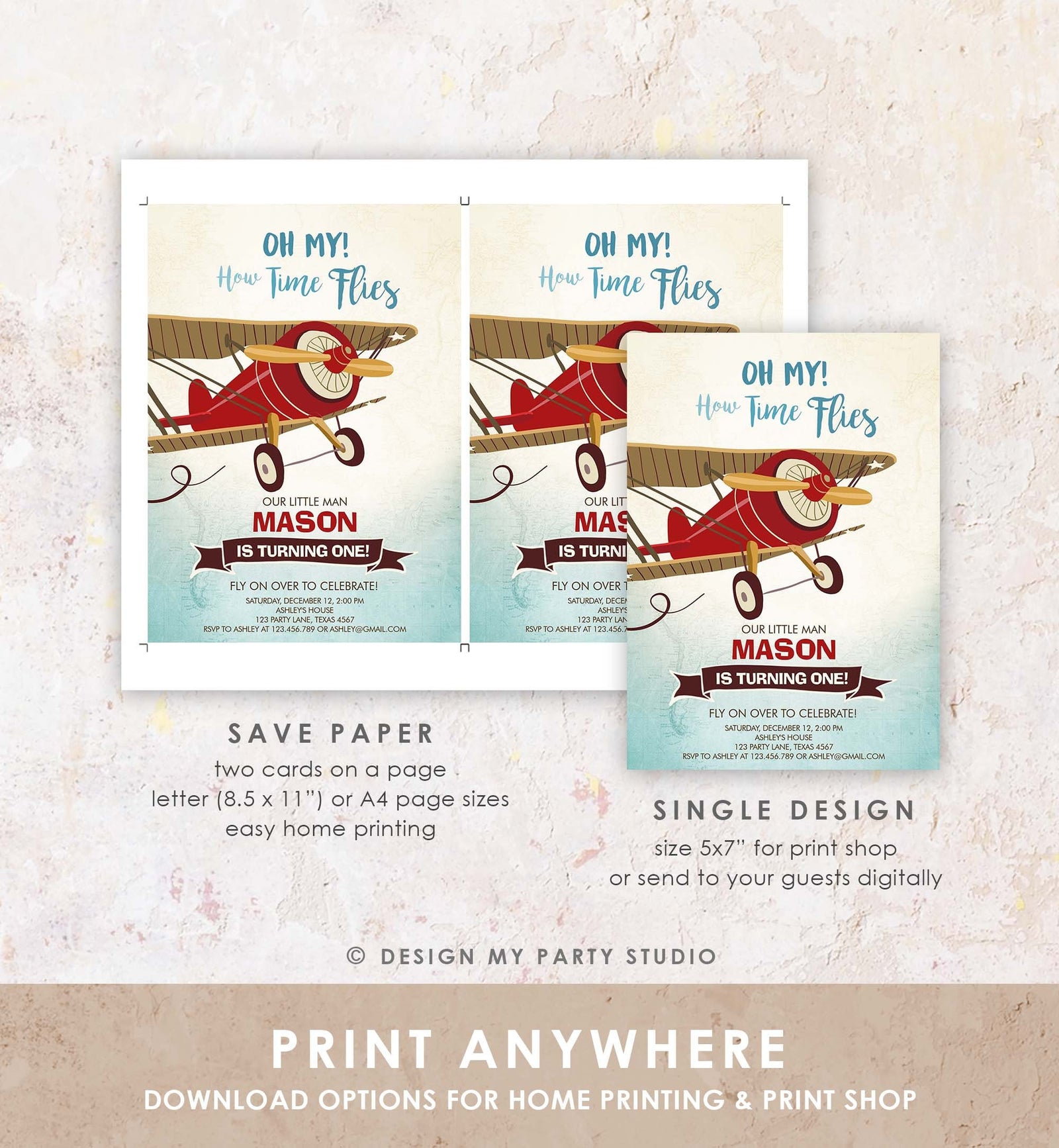 Editable Airplane Birthday Invitation Oh My How Time Flies Vintage Plane Sky 1st Red Biplane Aircraft Wing Download Corjl Template 0011