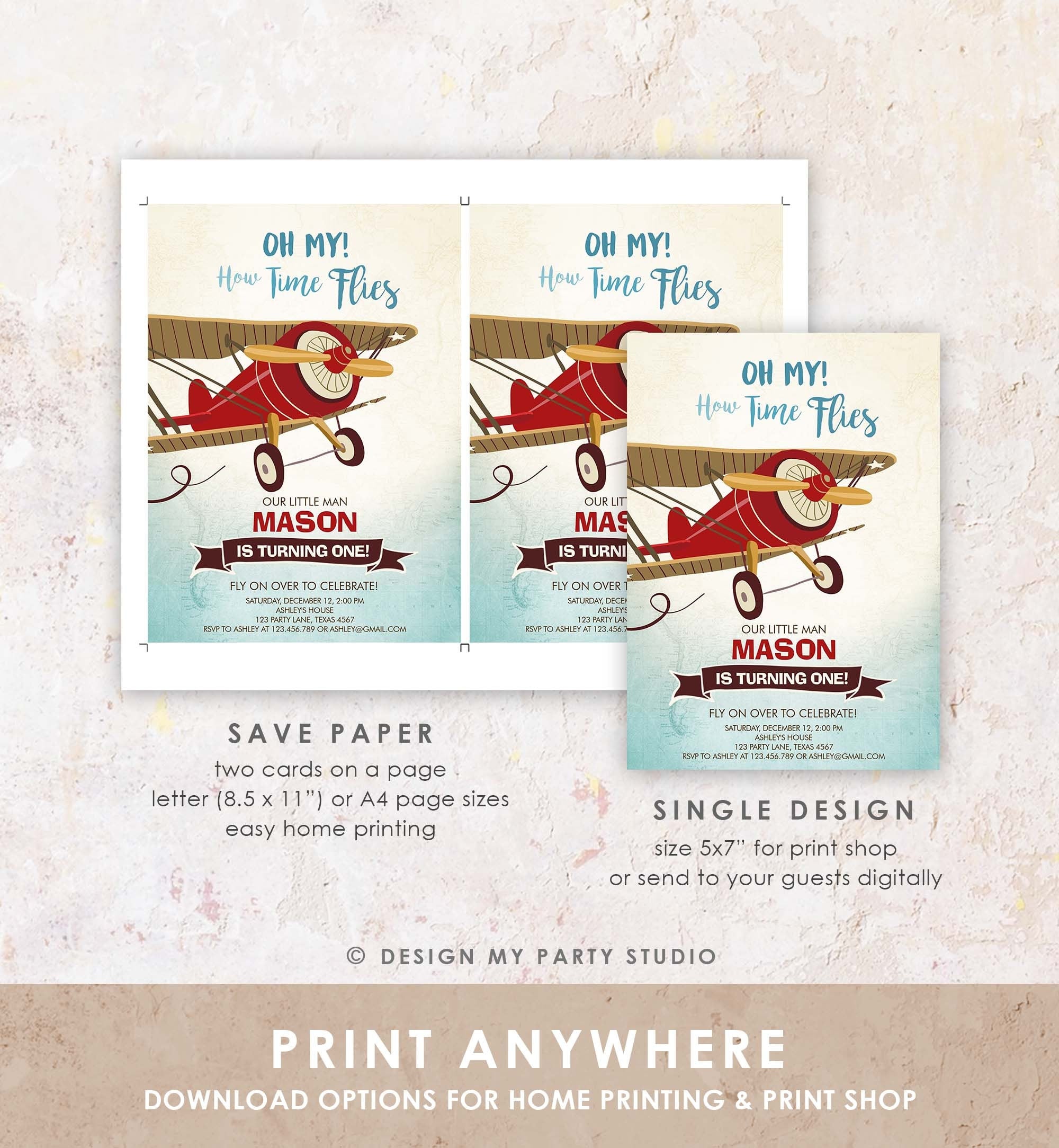 Editable Airplane Birthday Invitation Oh My How Time Flies Vintage Plane Sky 1st Red Biplane Aircraft Wing Download Corjl Template 0011